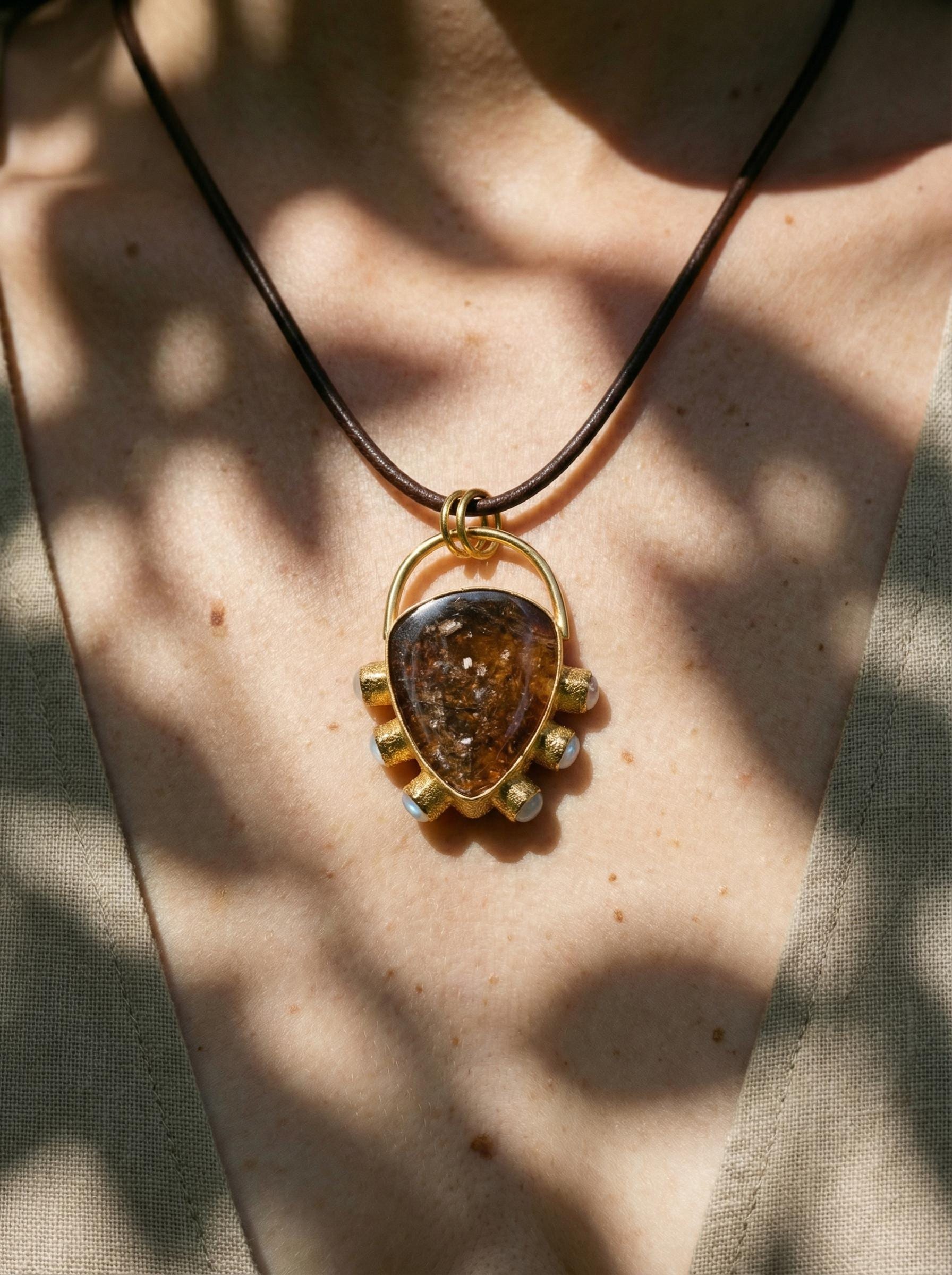Dravite Tourmaline & Moonstone Pendant, 18k Gold Plated Silver, Organic Texture