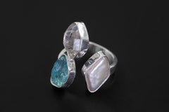 Herkimer Diamond Pearl Blue Apatite Ring 925 Sterling Silver Adjustable Throat Crown Chakra Crystal Gift