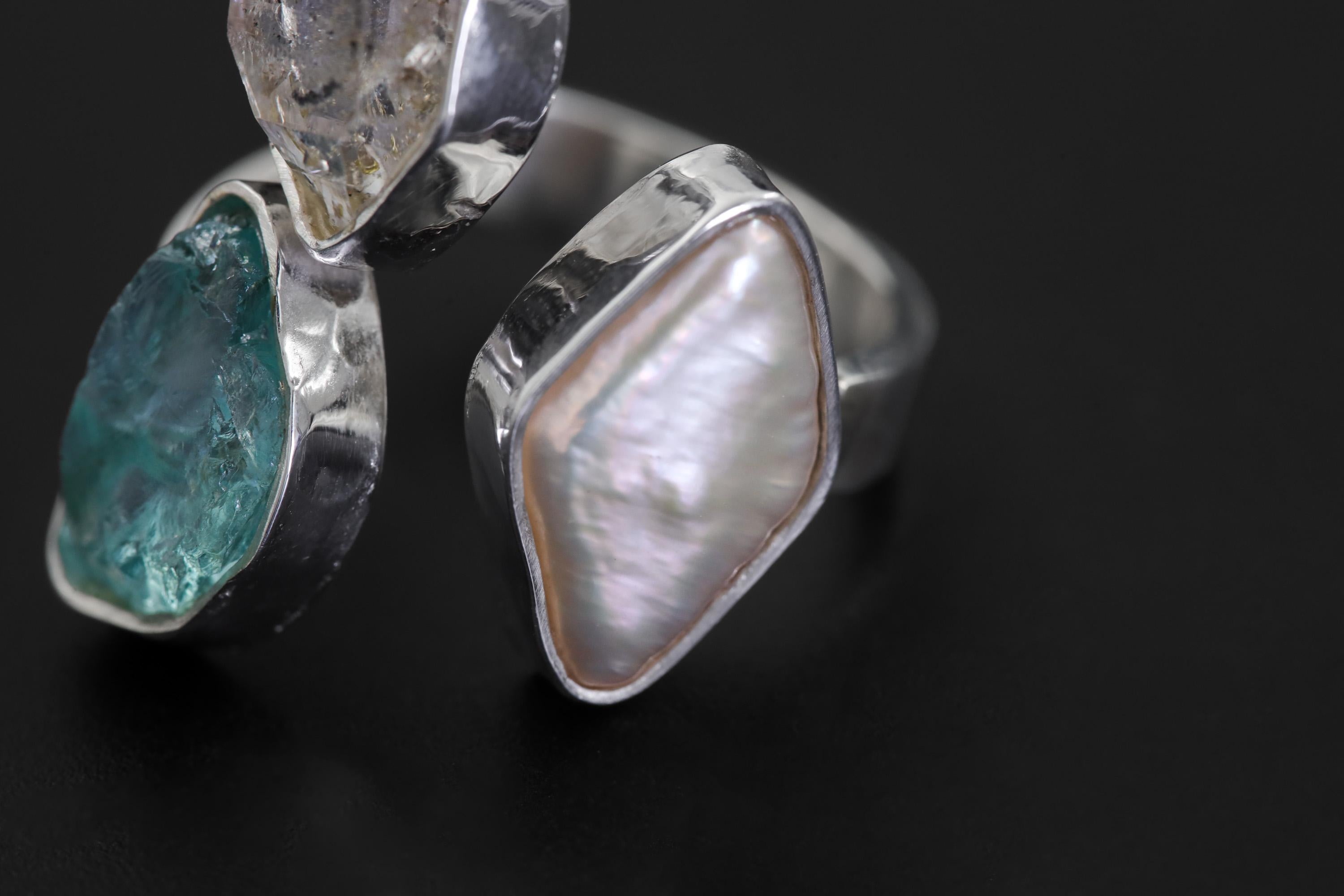 Herkimer Diamond Pearl Blue Apatite Ring 925 Sterling Silver Adjustable Throat Crown Chakra Crystal Gift