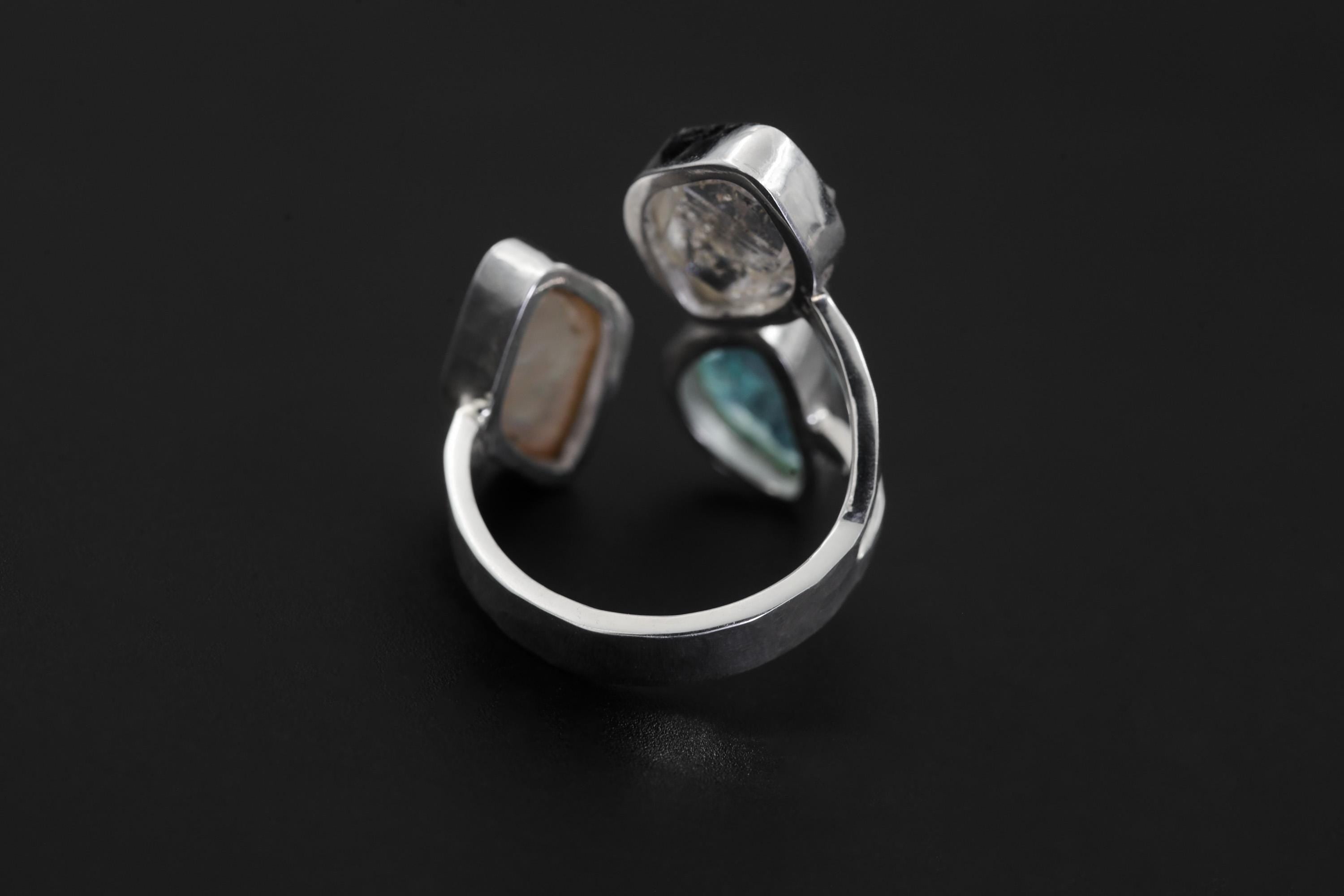 Herkimer Diamond Pearl Blue Apatite Ring 925 Sterling Silver Adjustable Throat Crown Chakra Crystal Gift