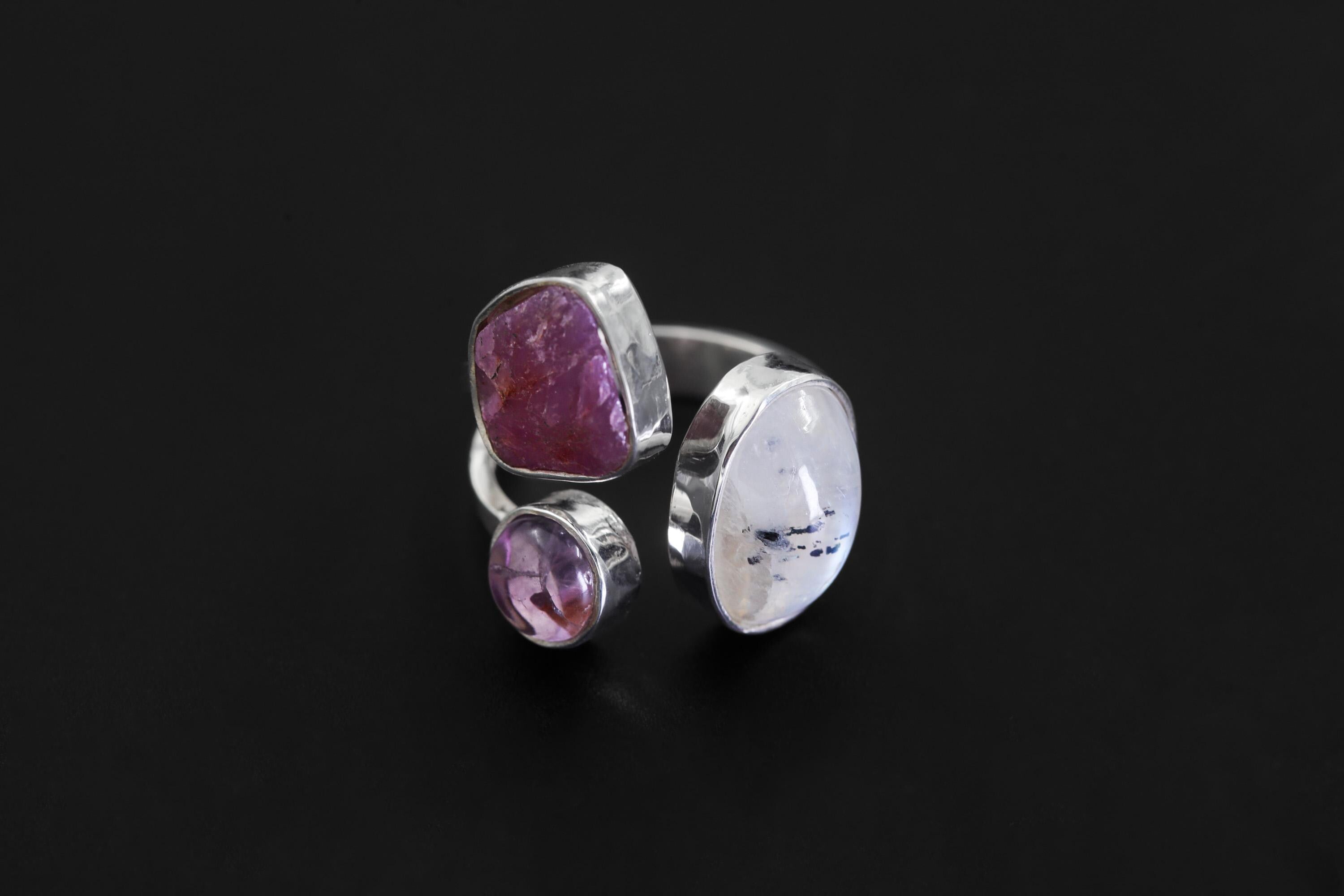 Blue Moonstone Ruby Amethyst Ring 925 Sterling Silver Adjustable Band Heart Third Eye Crown Chakra Gift