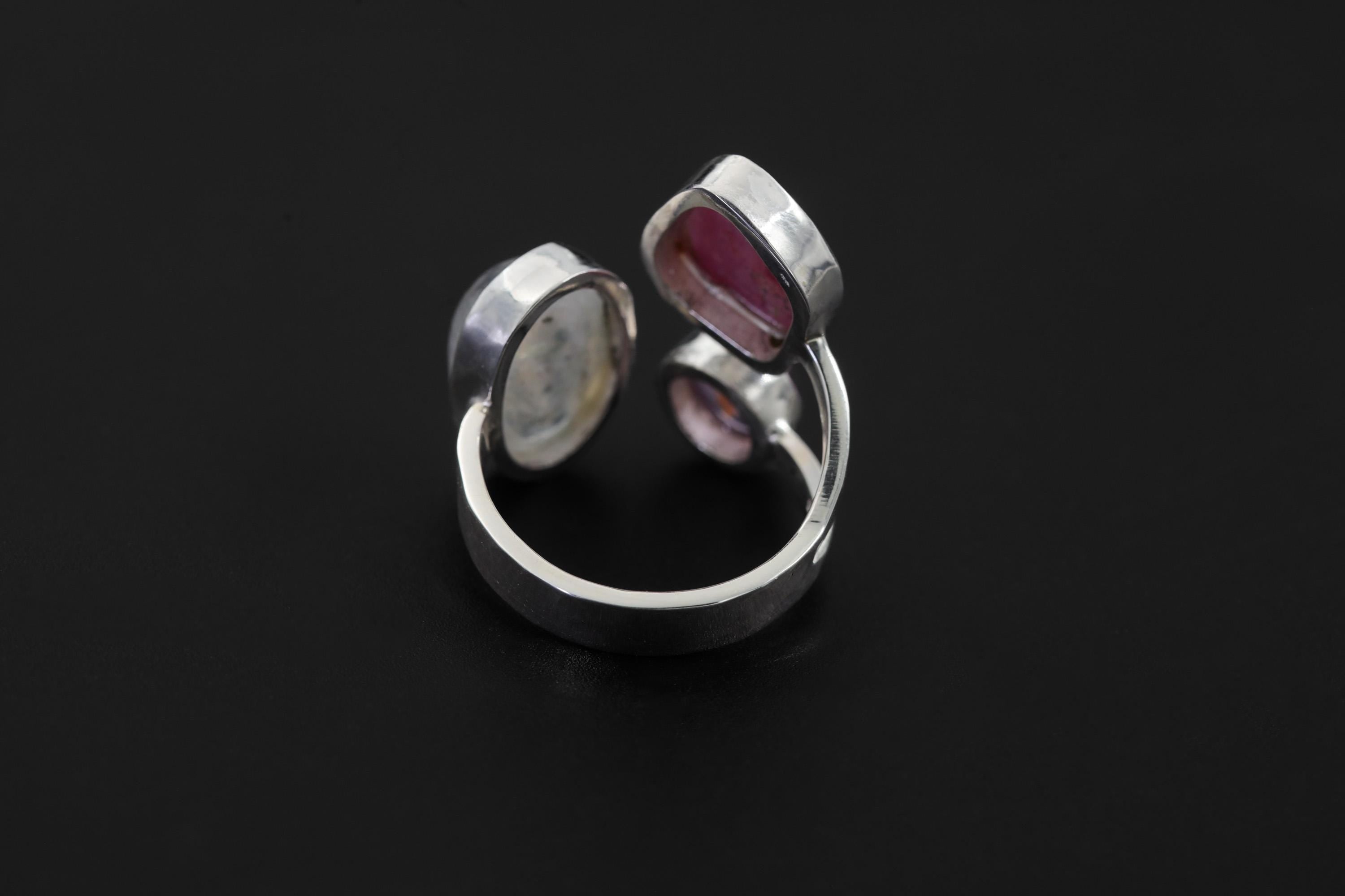 Blue Moonstone Ruby Amethyst Ring 925 Sterling Silver Adjustable Band Heart Third Eye Crown Chakra Gift