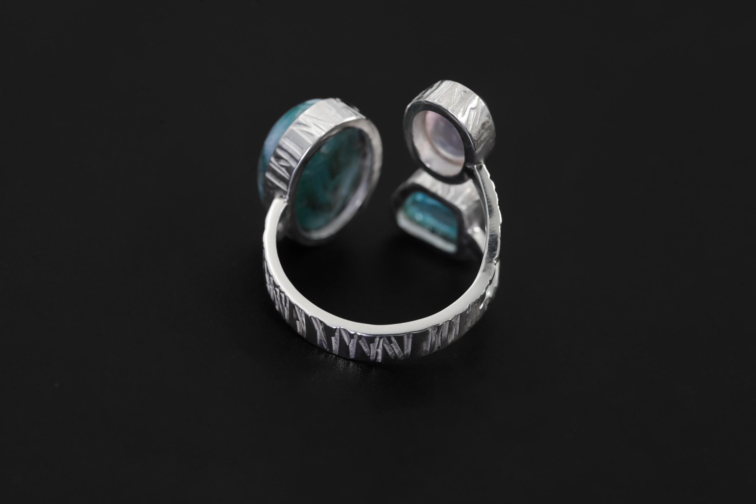 Larimar Apatite Moonstone Ring, 925 Silver Adjustable Triple Stone