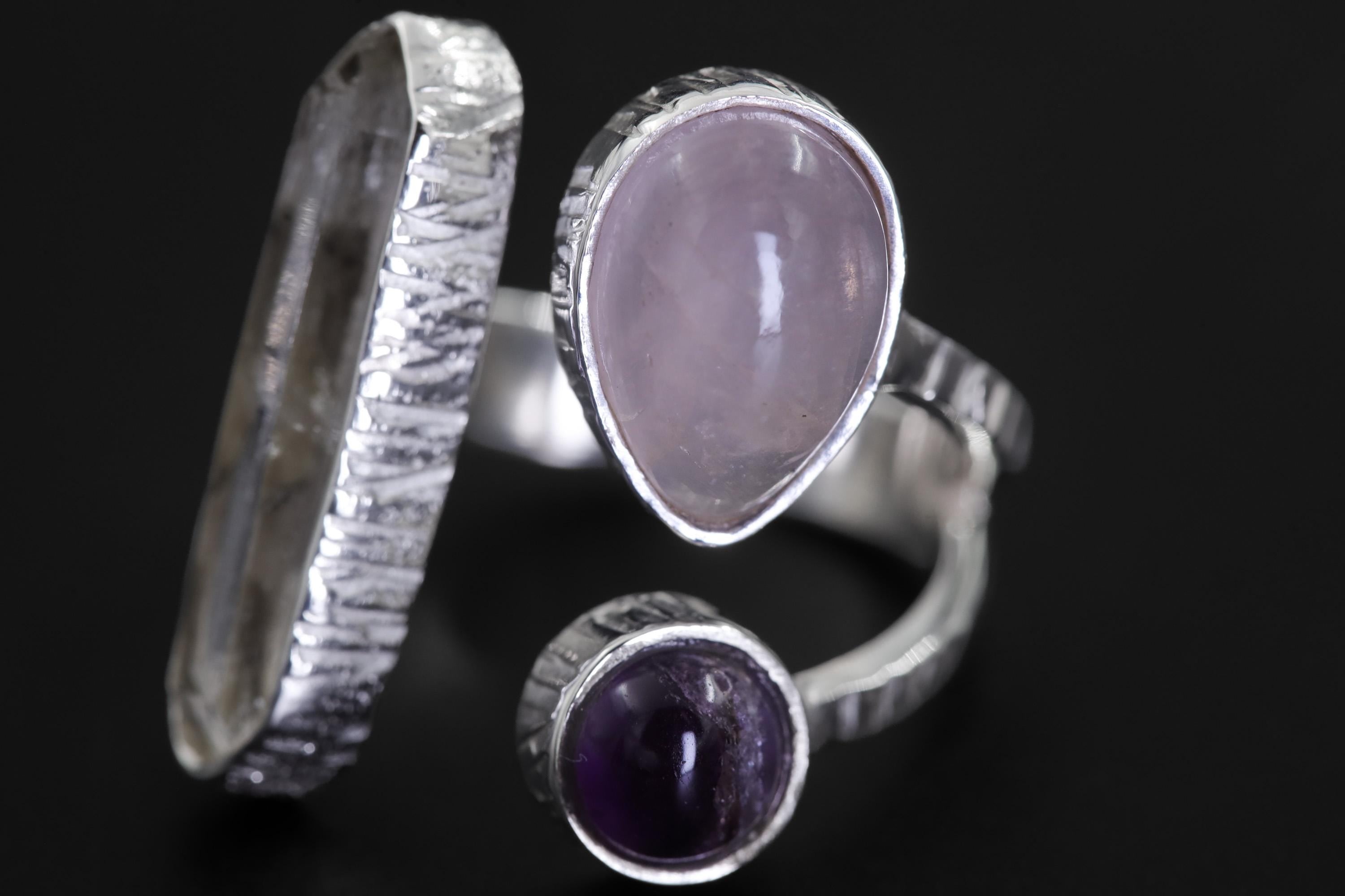 Triple Stone Sterling Silver Ring: Quartz, Amethyst, Rose Quartz