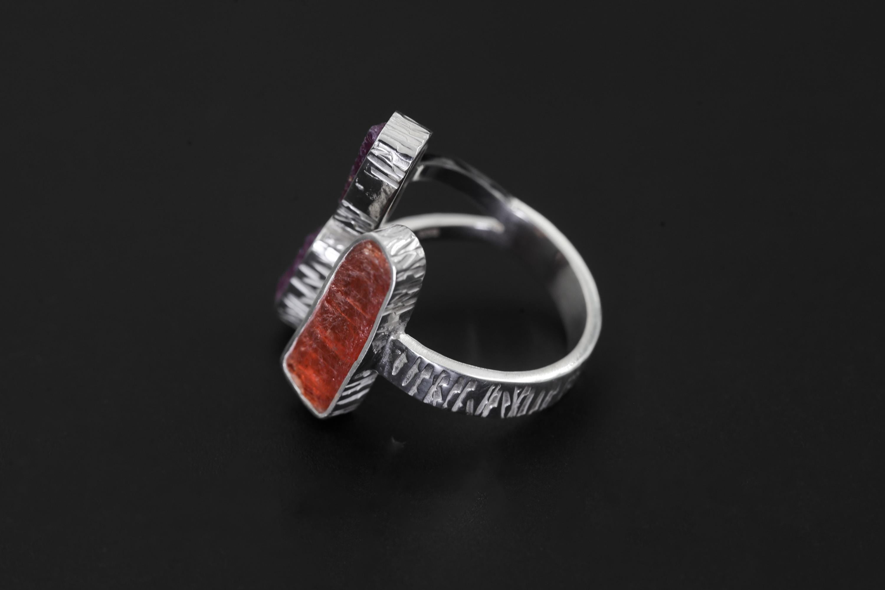 Red Kyanite Ruby Ring 925 Silver Adjustable Open Multi Stone Statement Jewelry