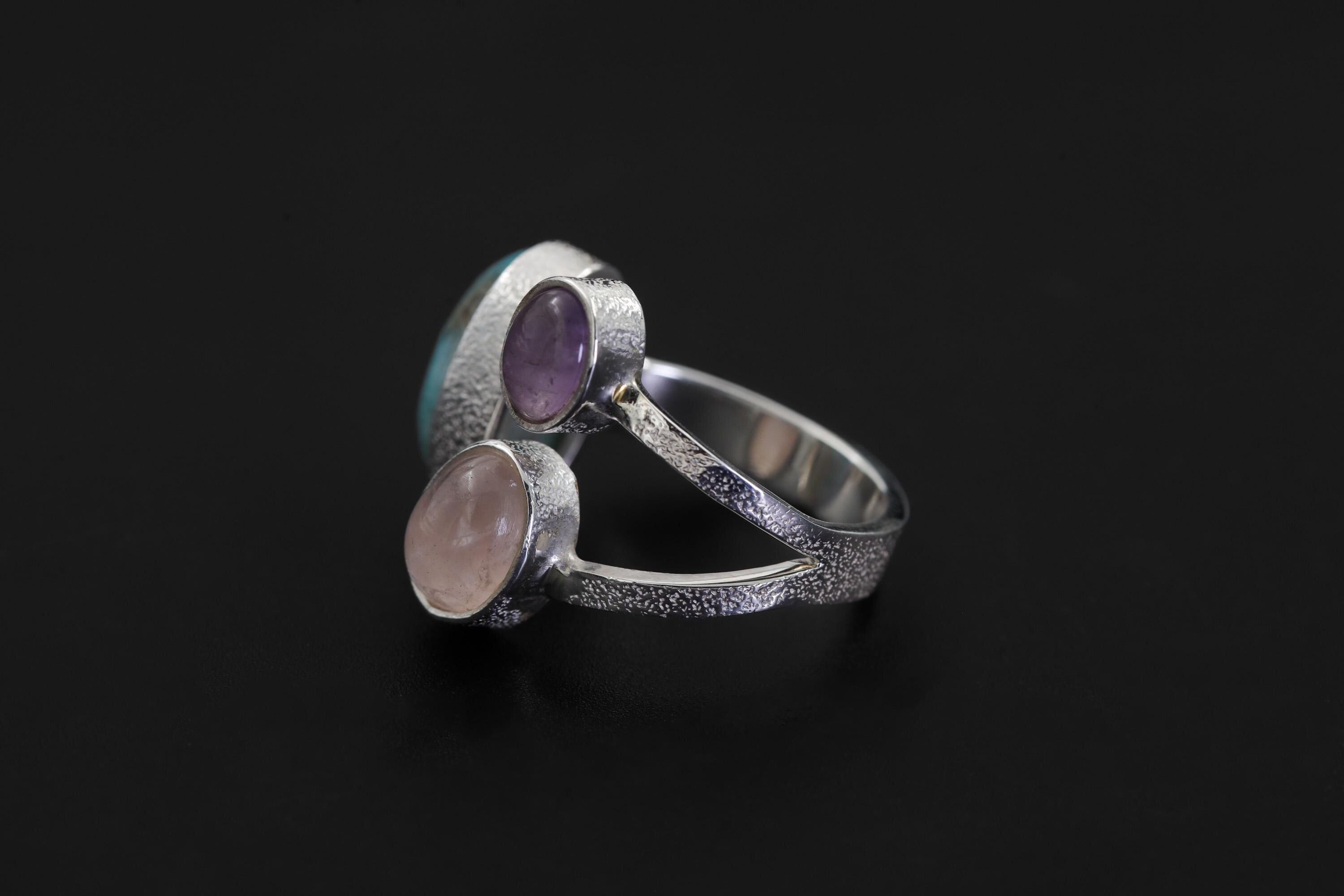 Larimar Amethyst Rose Quartz Ring 925 Sterling Silver Adjustable Ocean Heart Chakra Throat Crown Crystal Gift