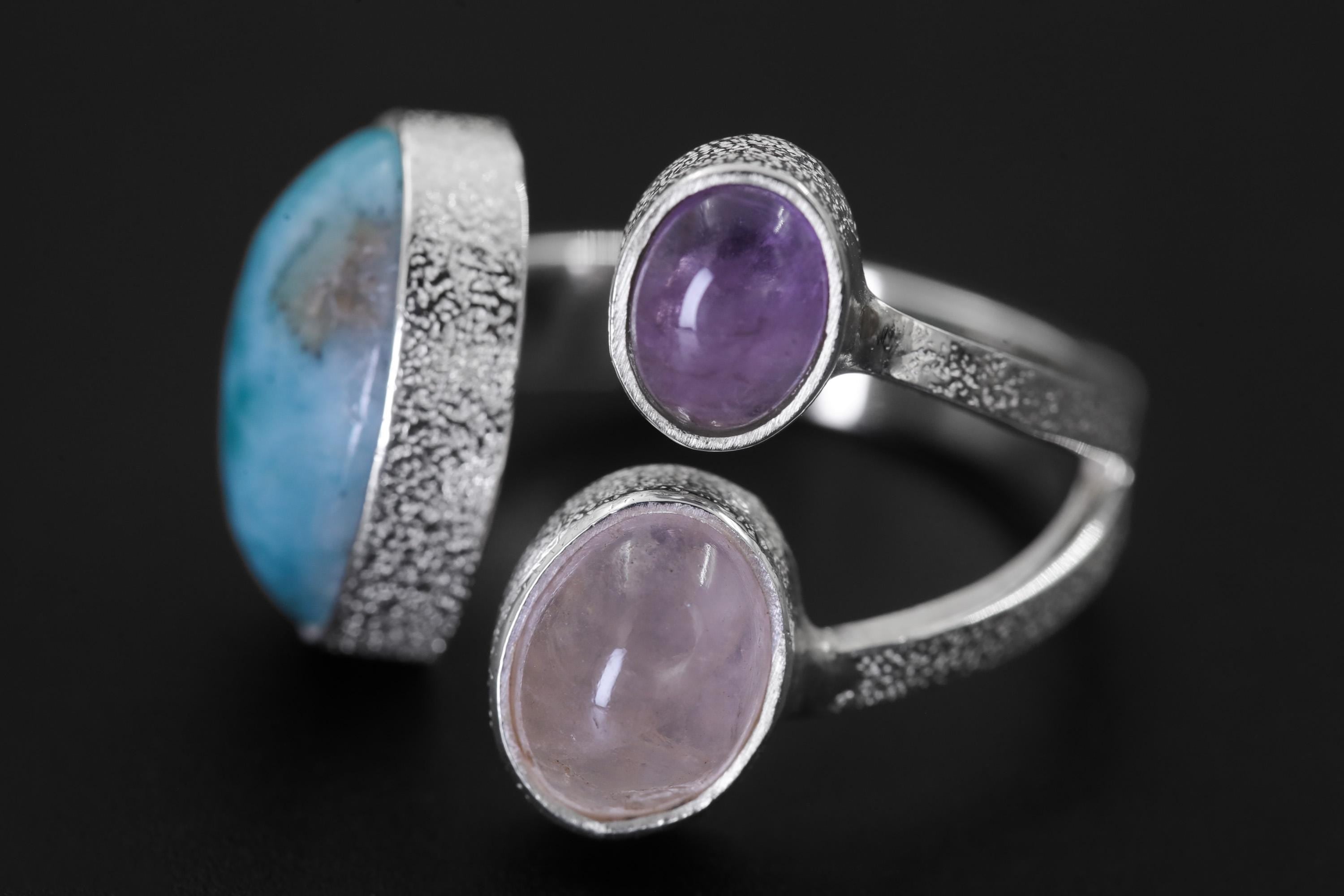 Larimar Amethyst Rose Quartz Ring 925 Sterling Silver Adjustable Ocean Heart Chakra Throat Crown Crystal Gift