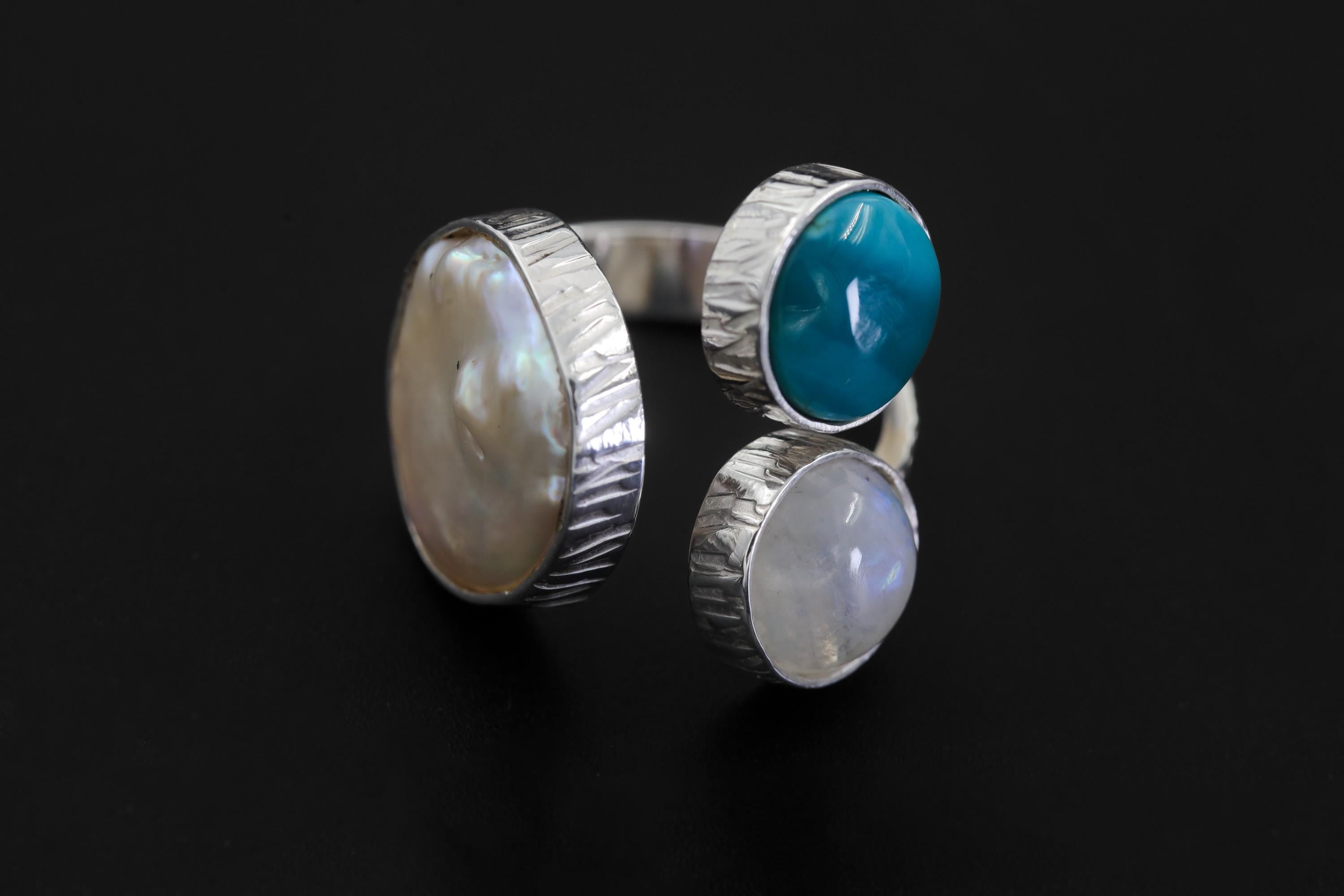 Pearl Larimar Blue Moonstone Multi Stone Ring 925 Sterling Silver Adjustable Open Band Jewelry