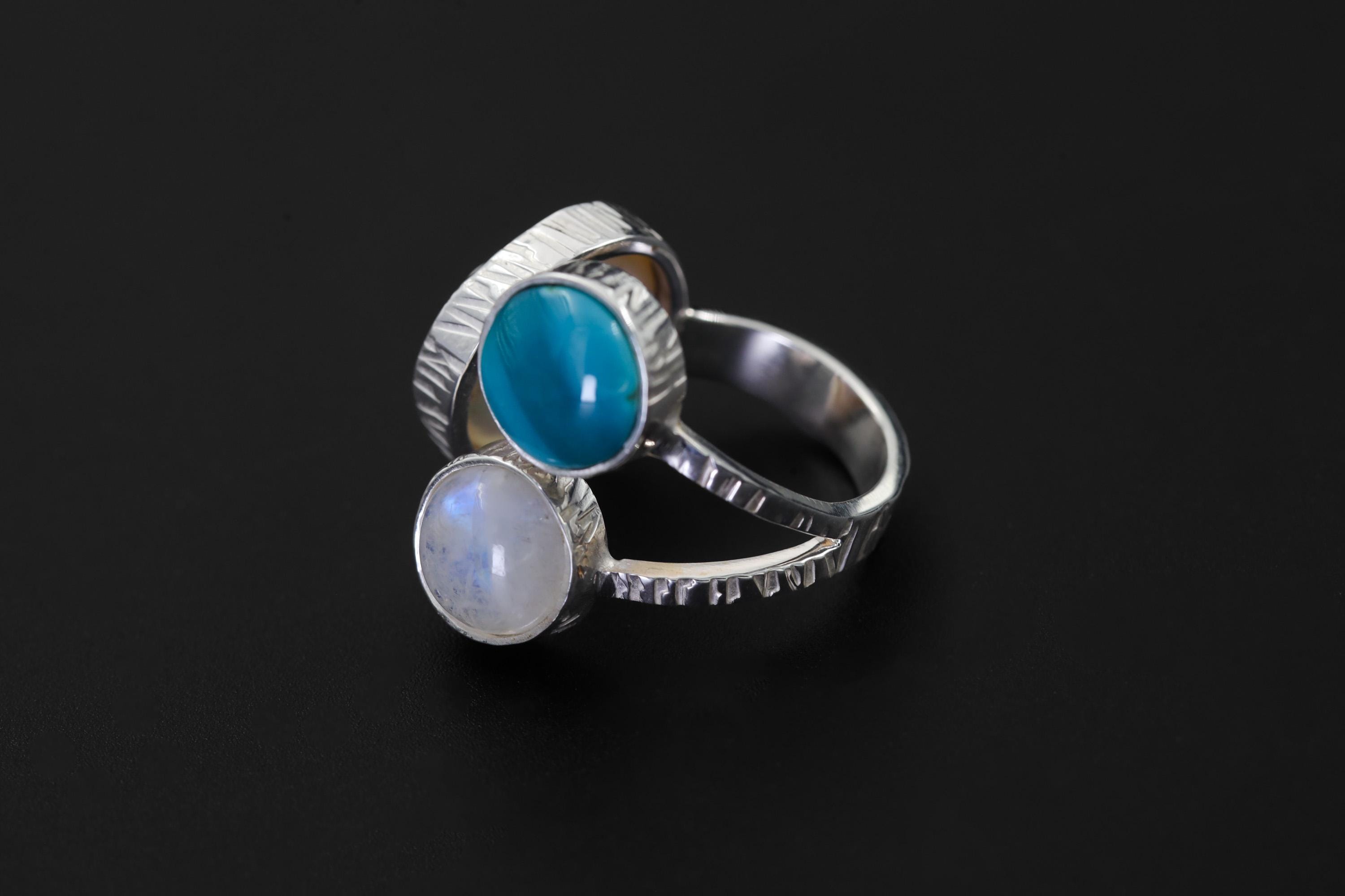 Pearl Larimar Blue Moonstone Multi Stone Ring 925 Sterling Silver Adjustable Open Band Jewelry