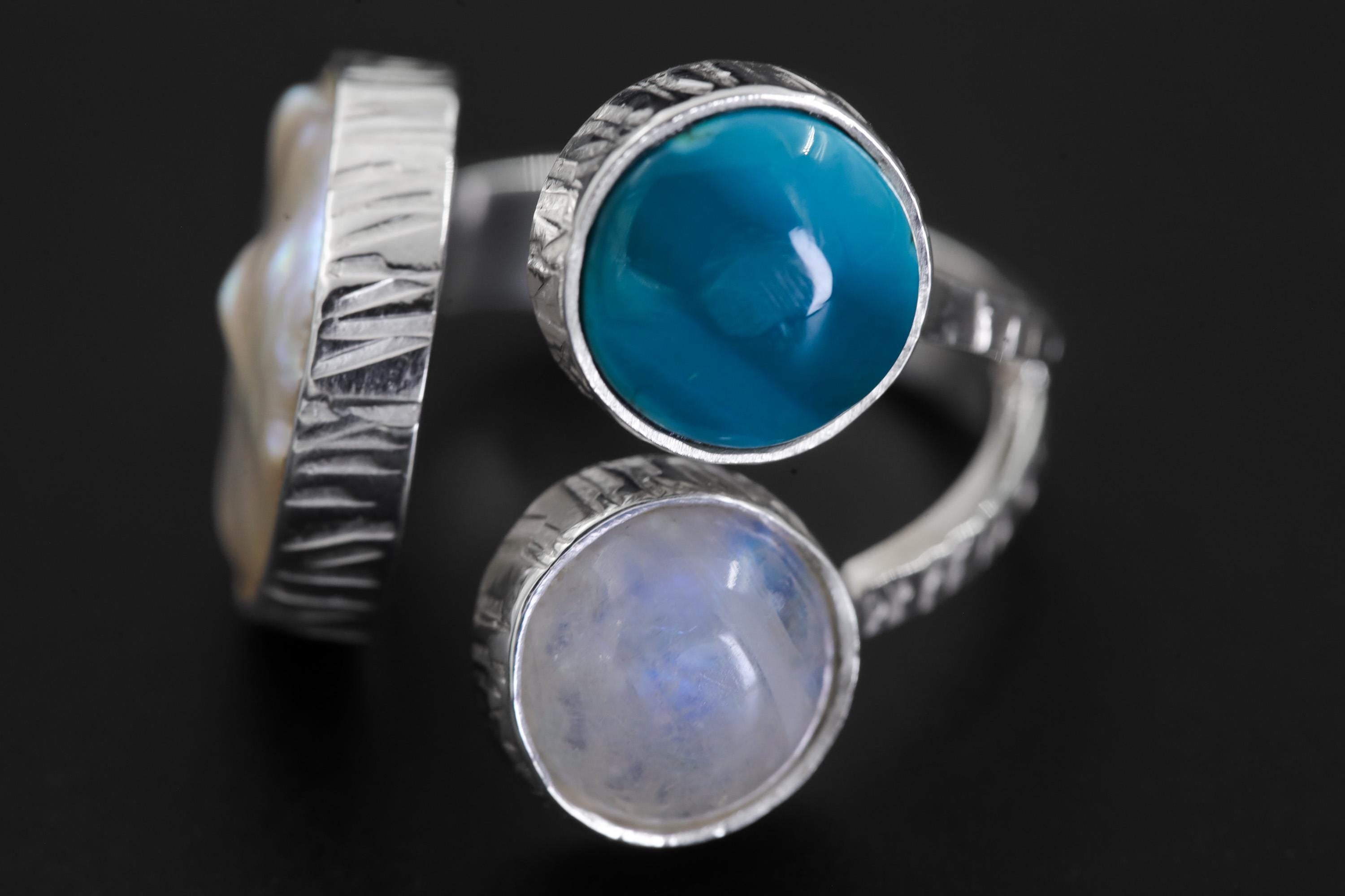 Pearl Larimar Blue Moonstone Multi Stone Ring 925 Sterling Silver Adjustable Open Band Jewelry