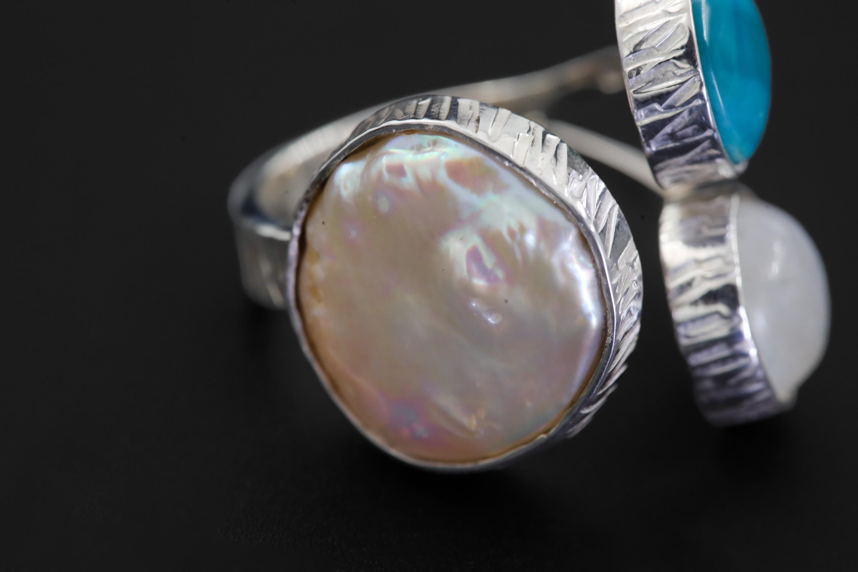 Pearl Larimar Blue Moonstone Multi Stone Ring 925 Sterling Silver Adjustable Open Band Jewelry