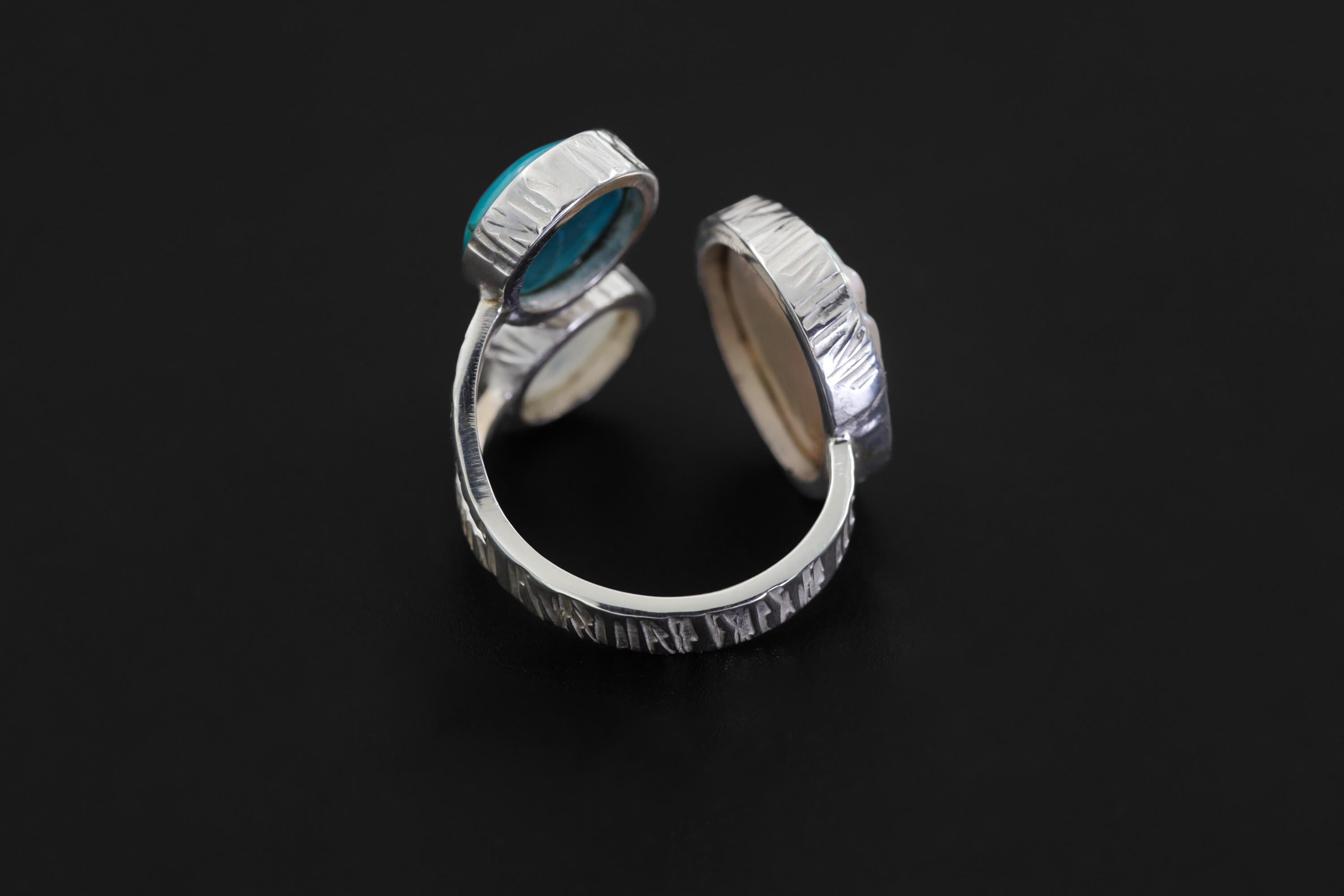 Pearl Larimar Moonstone Ring 925 Sterling Silver Adjustable Multi Stone Band Throat Crown Chakra Gift