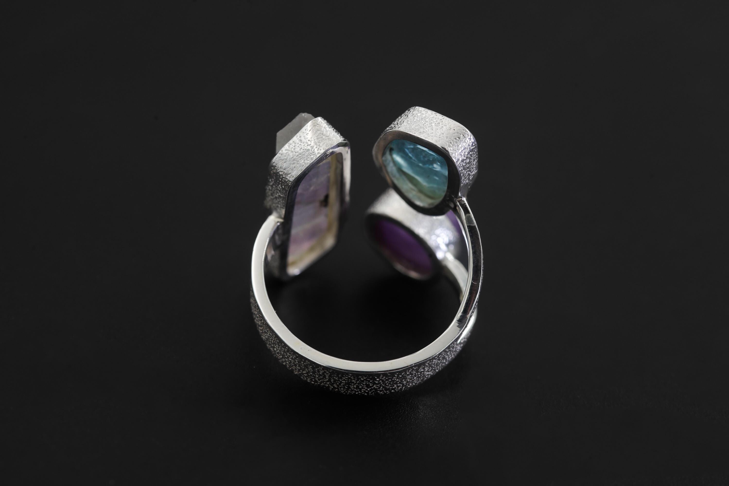Sterling Silver Multi Stone Ring: Angel Aura, Blue Apatite, Amethyst – Adjustable Band