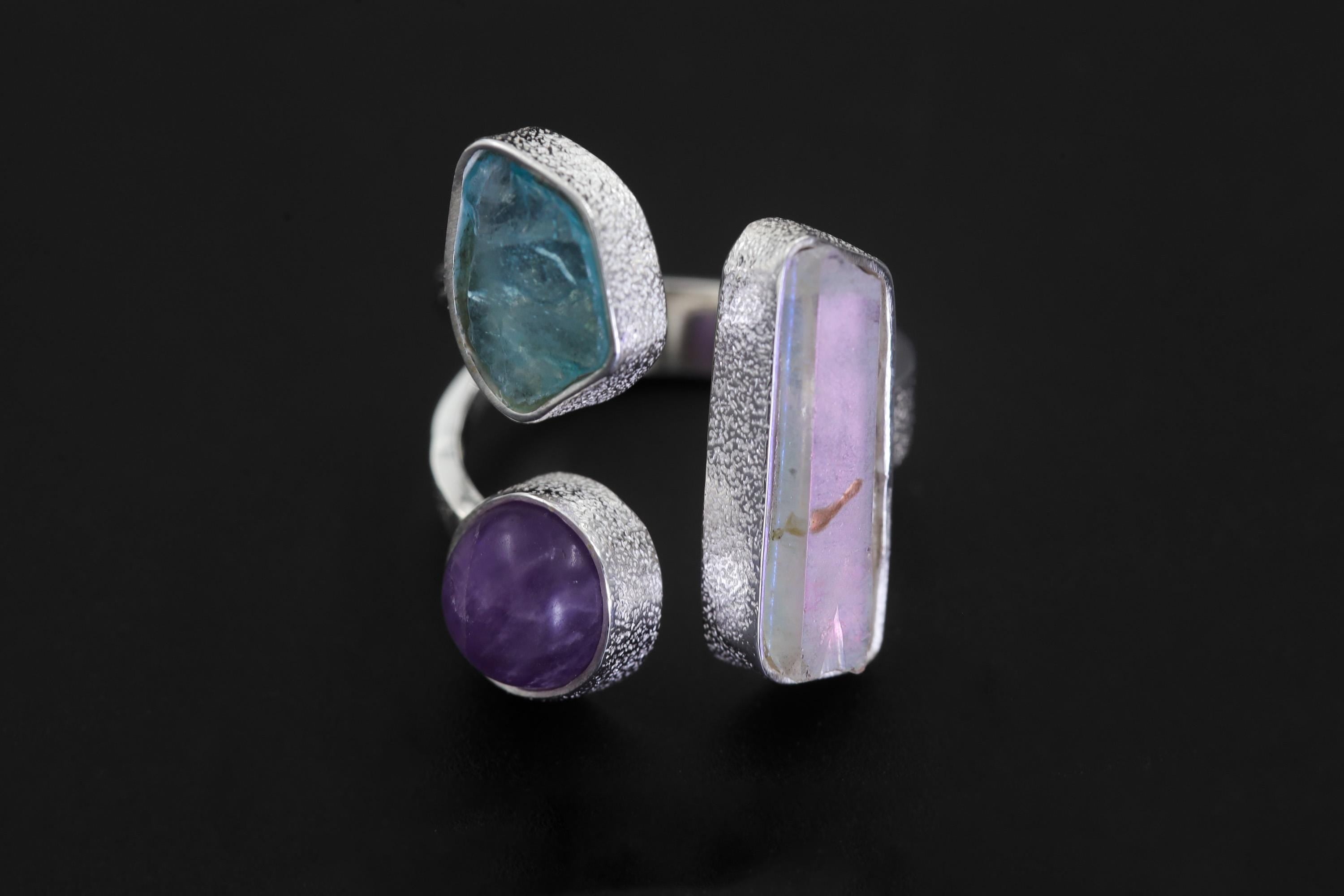 Sterling Silver Multi Stone Ring: Angel Aura, Blue Apatite, Amethyst – Adjustable Band