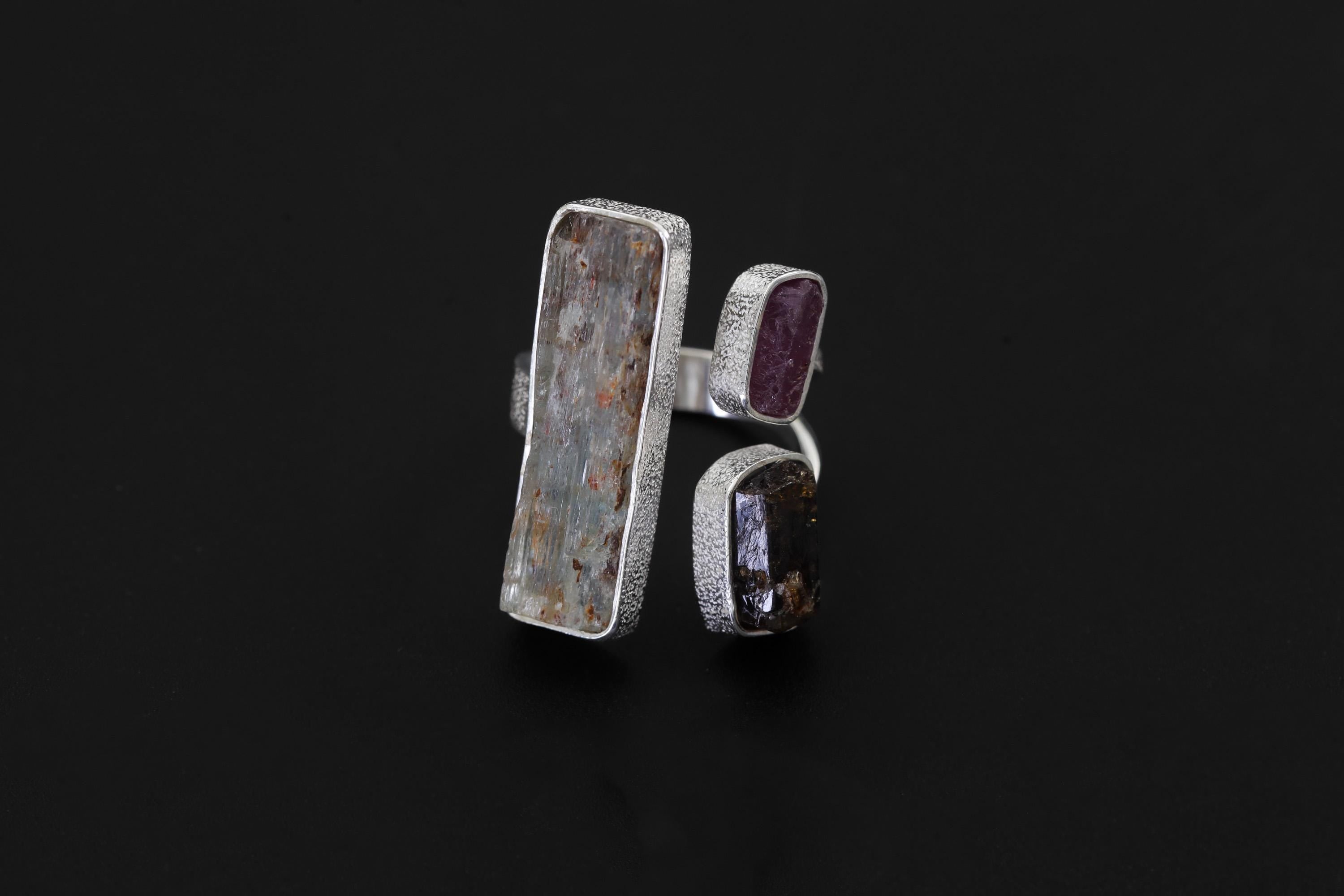 Raw Aquamarine Ruby Brown Tourmaline Ring Sterling Silver Open Band Grounding Vitality Crystal Jewelry Gift