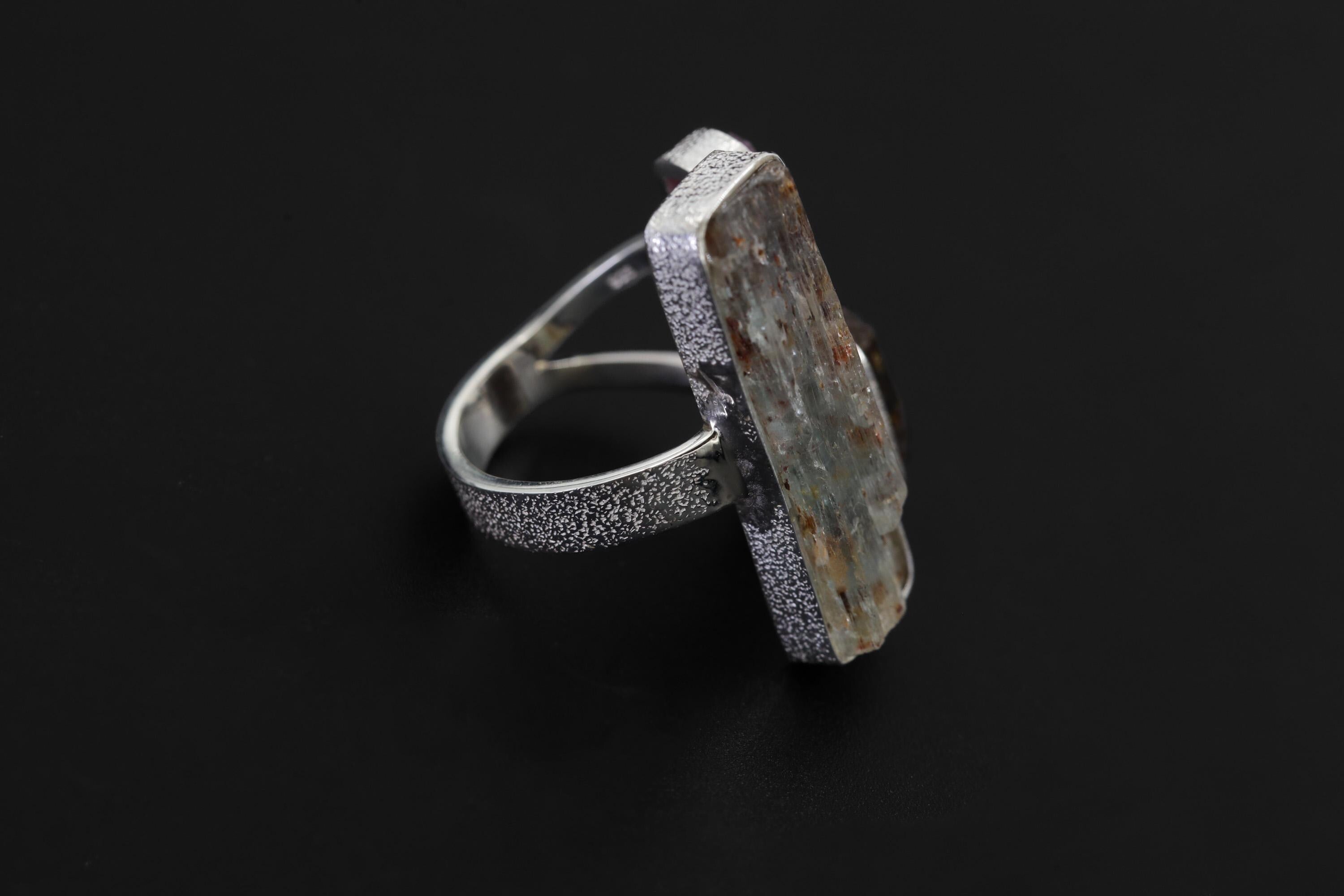Raw Aquamarine Ruby Brown Tourmaline Ring Sterling Silver Open Band Grounding Vitality Crystal Jewelry Gift