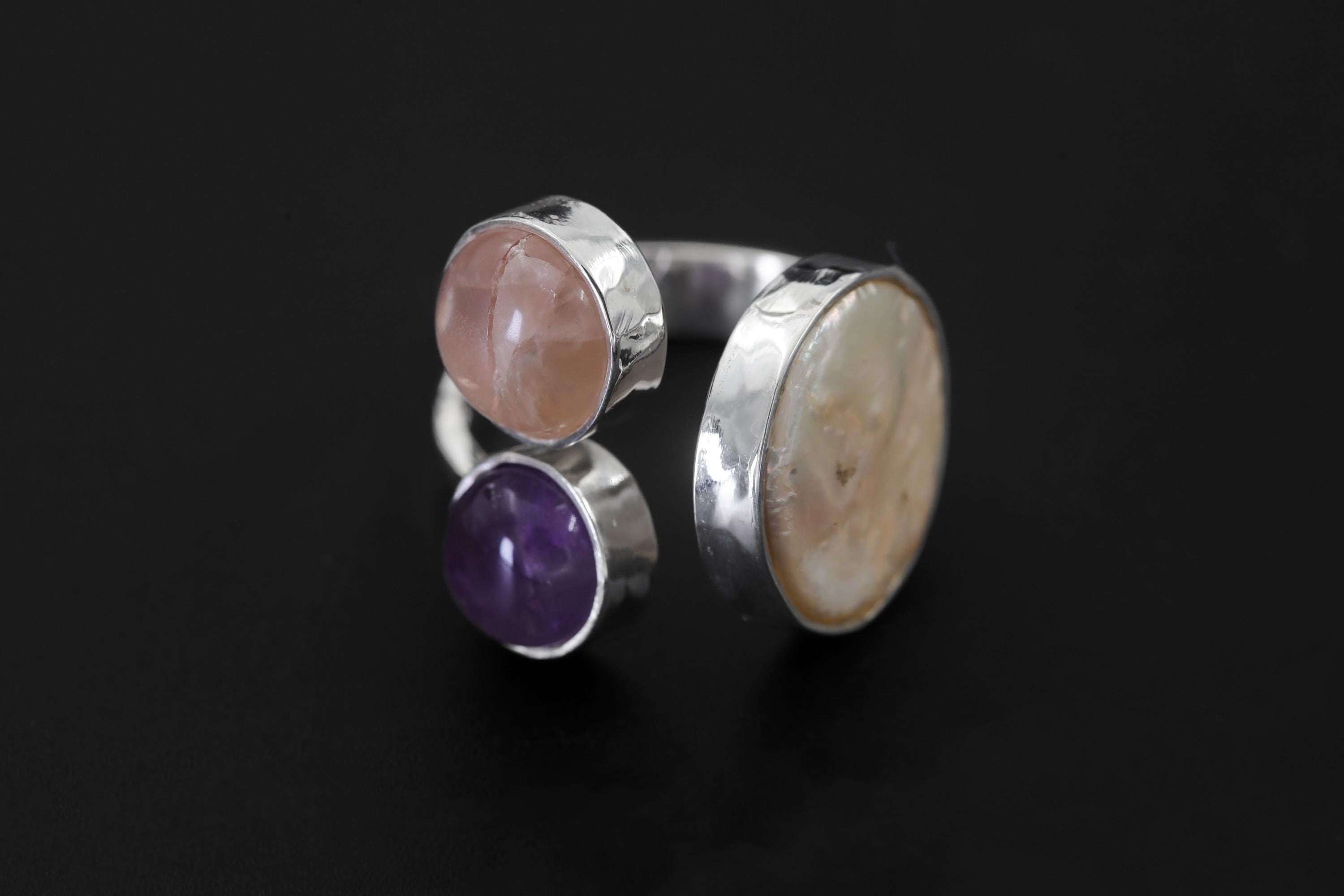 Hammered Sterling Silver Multi Stone Ring: Pearl, Amethyst, Rose Quartz Calm Clarity Jewelry