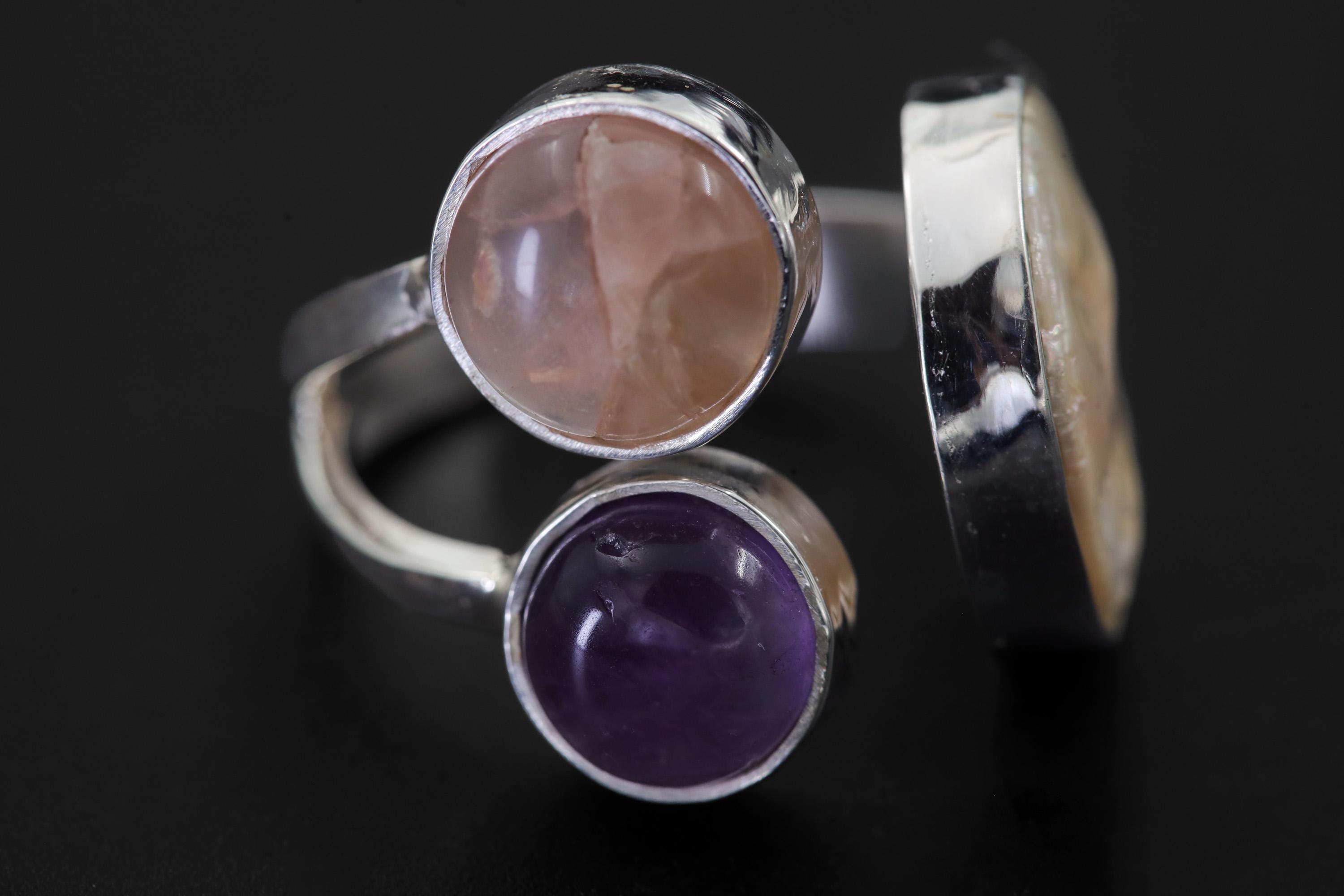 Multi Stone Silver Ring Pearl Amethyst Rose Quartz Adjustable Open Band Soft Pastel Crystal Jewelry Gift