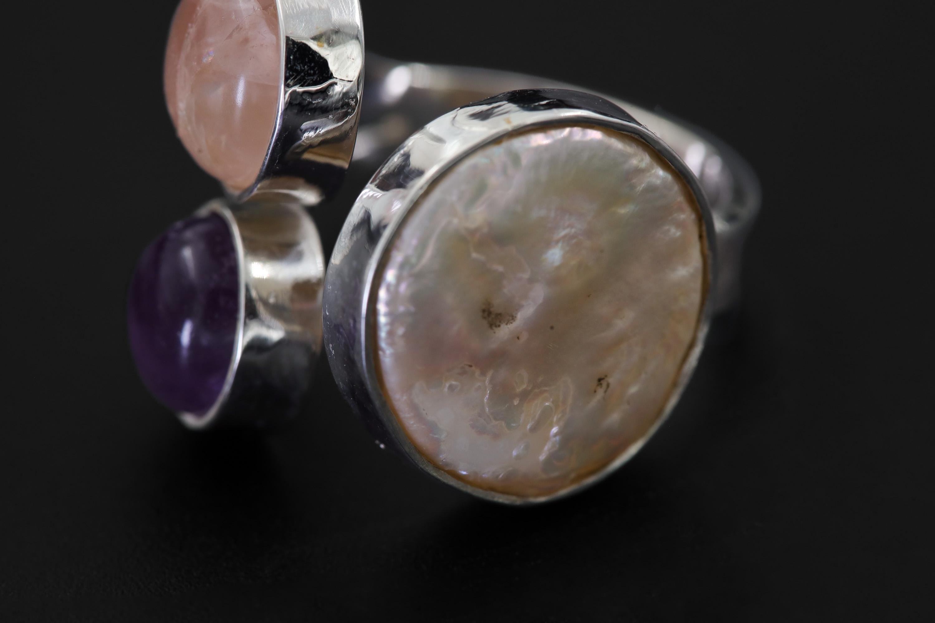 Multi Stone Silver Ring Pearl Amethyst Rose Quartz Adjustable Open Band Soft Pastel Crystal Jewelry Gift