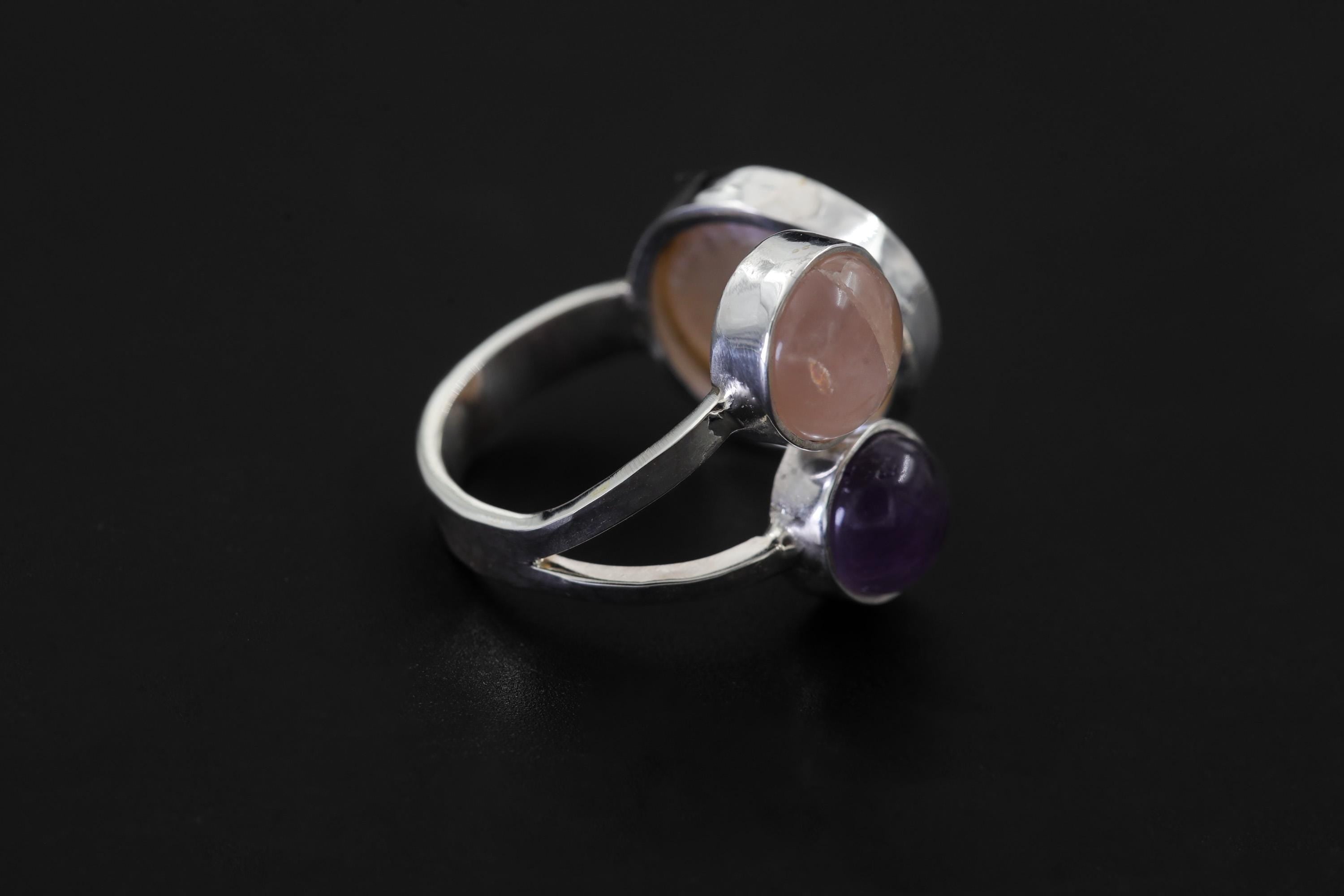 Multi Stone Silver Ring Pearl Amethyst Rose Quartz Adjustable Open Band Soft Pastel Crystal Jewelry Gift
