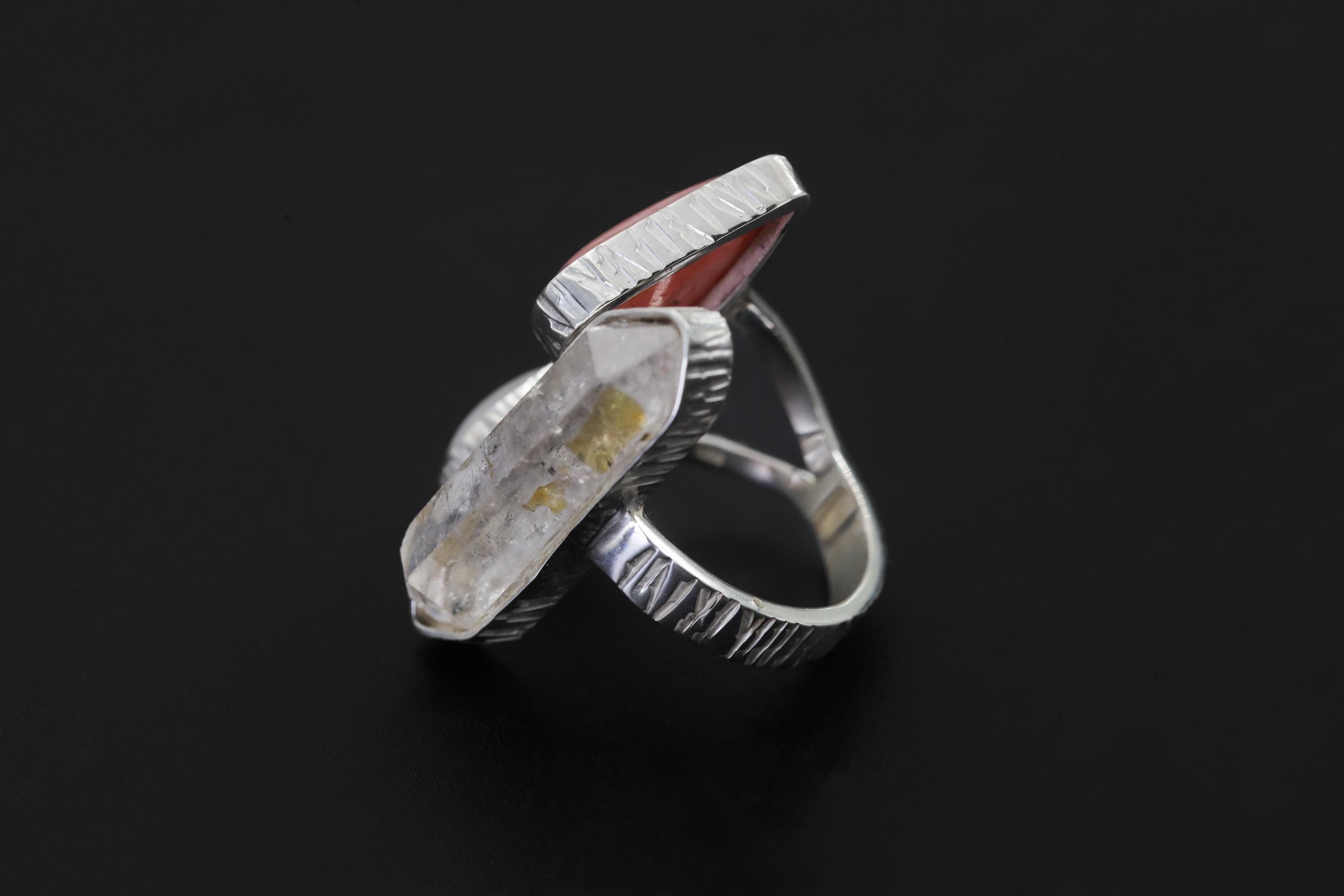 Sterling Silver Multi Stone Ring: Quartz, Rhodochrosite, Moonstone, Adjustable Band