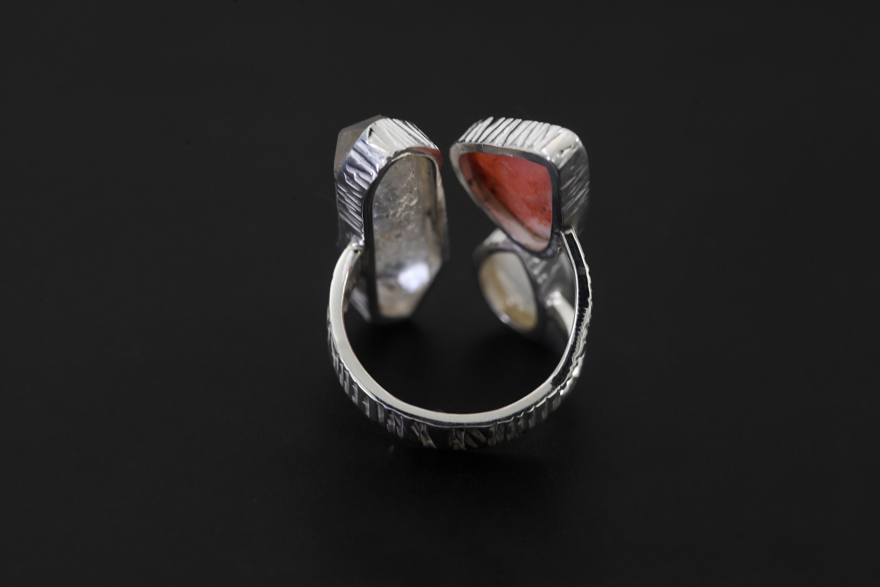 Sterling Silver Multi Stone Ring: Quartz, Rhodochrosite, Moonstone, Adjustable Band