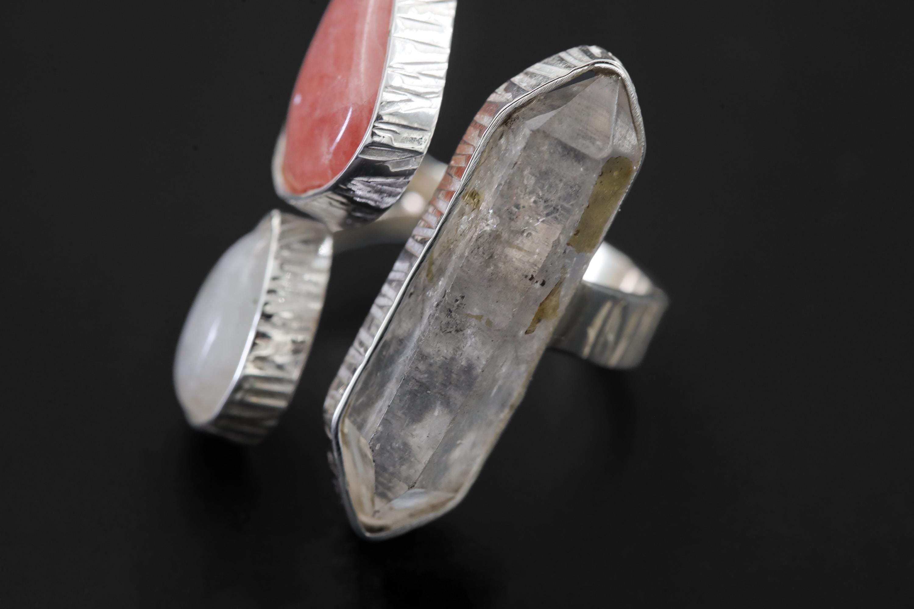 Clear Quartz Rhodochrosite Moonstone Ring 925 Sterling Silver Adjustable Heart Third Eye Crown Chakra Gift