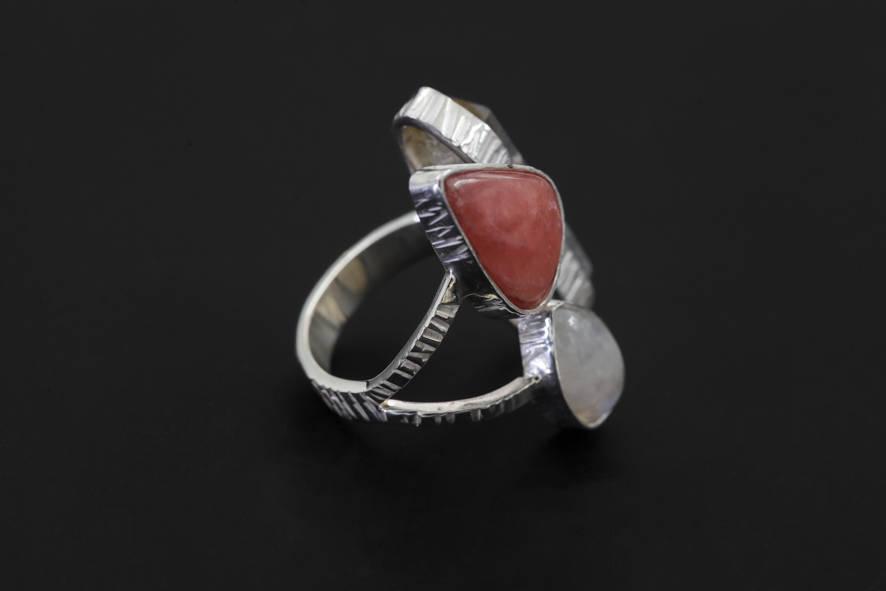 Sterling Silver Multi Stone Ring: Quartz, Rhodochrosite, Moonstone, Adjustable Band