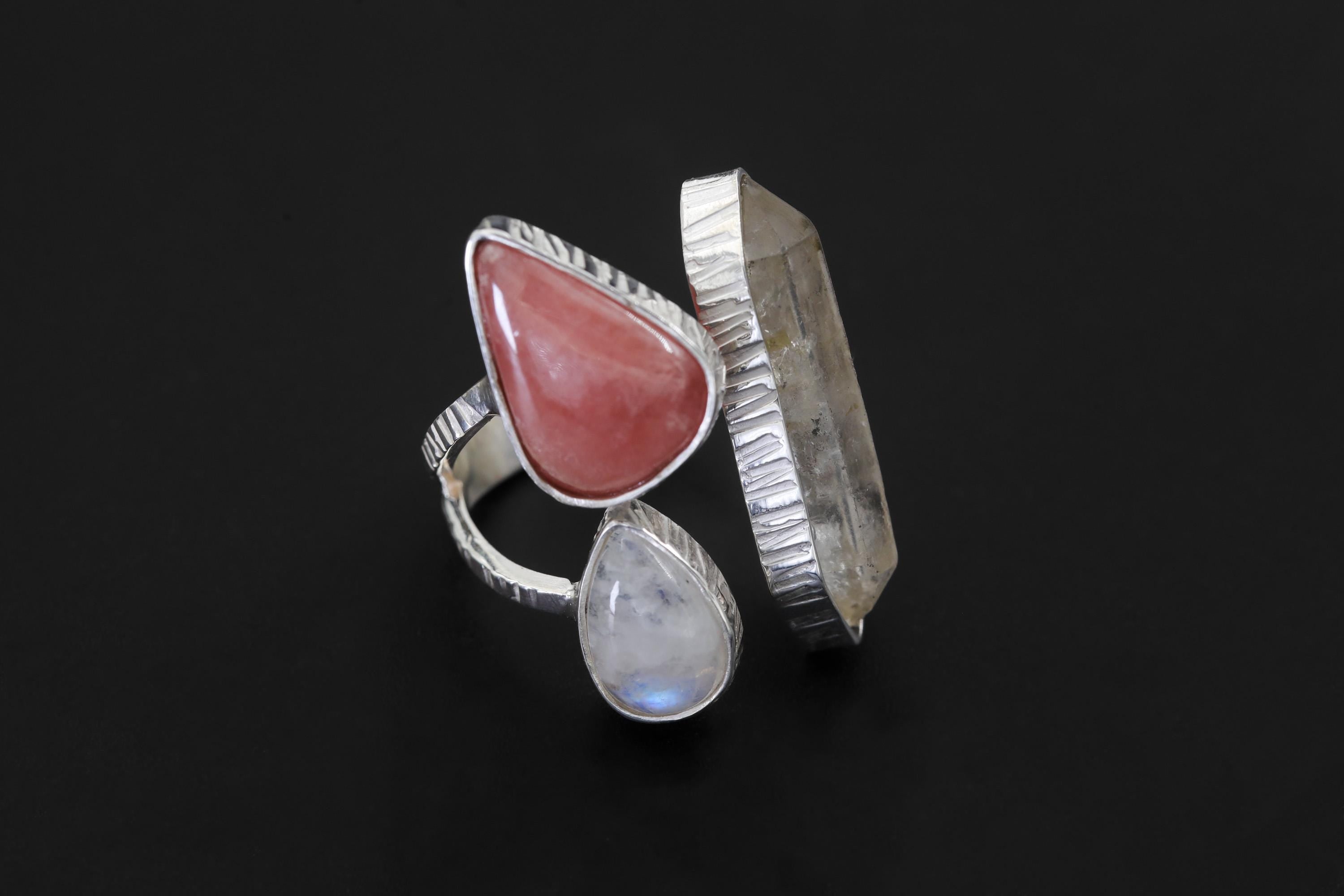Clear Quartz Rhodochrosite Moonstone Ring 925 Sterling Silver Adjustable Heart Third Eye Crown Chakra Gift