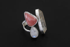 Clear Quartz Rhodochrosite Moonstone Ring 925 Sterling Silver Adjustable Heart Third Eye Crown Chakra Gift