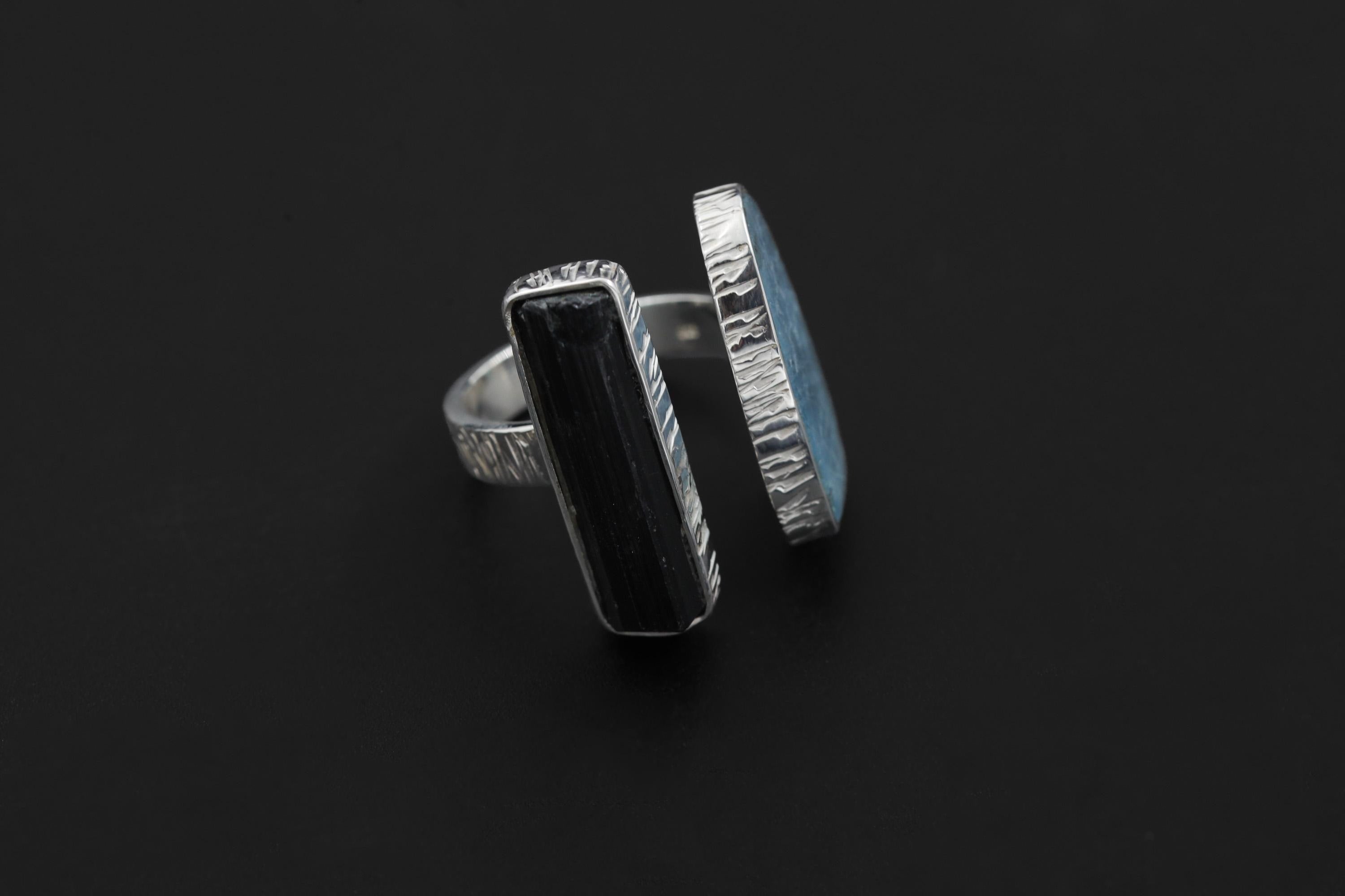 Aquamarine Black Tourmaline Ring 925 Sterling Silver Adjustable Band Throat Root Chakra Protection Gift