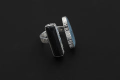 Aquamarine Black Tourmaline Ring 925 Sterling Silver Adjustable Band Throat Root Chakra Protection Gift