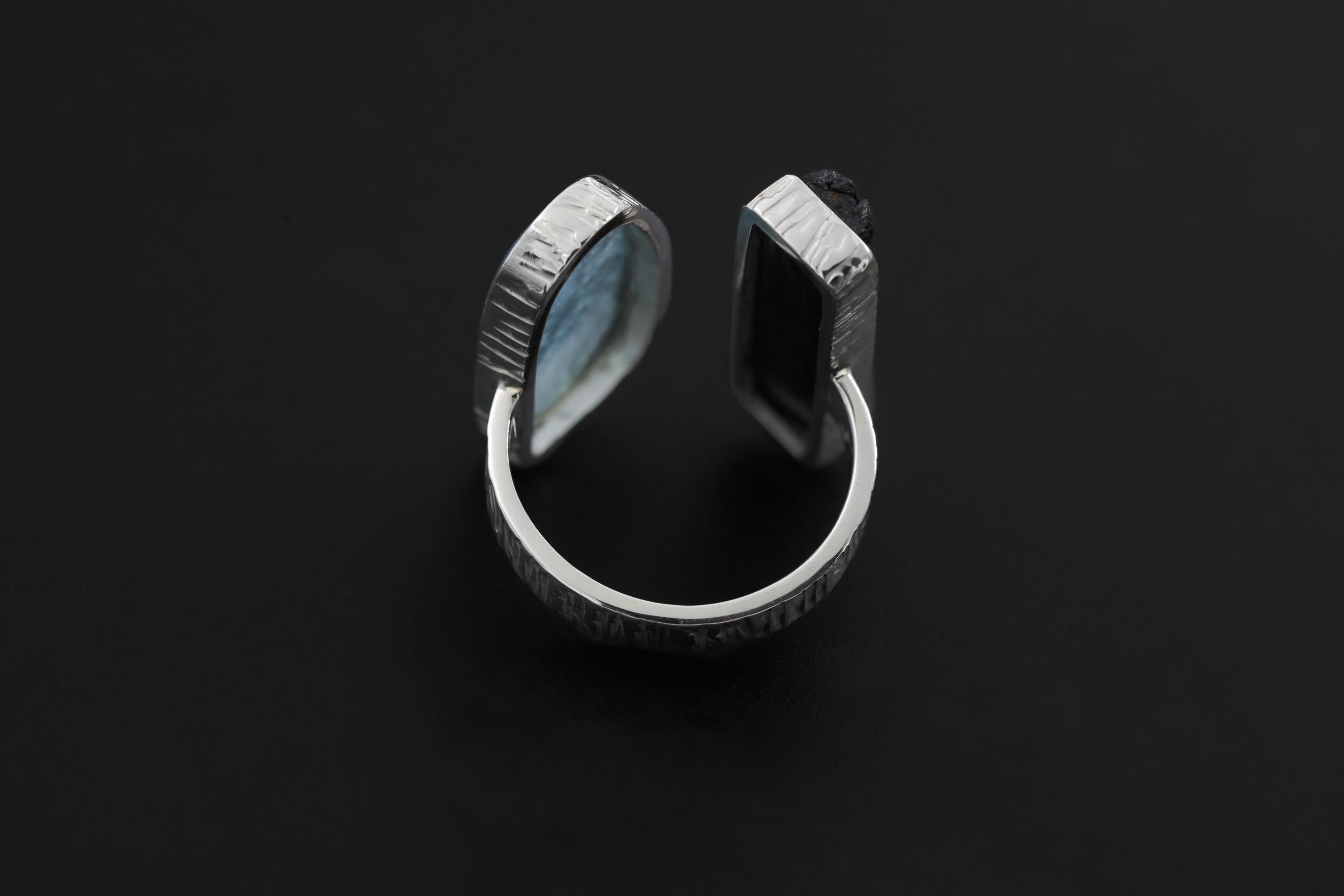 Aquamarine Black Tourmaline Ring 925 Sterling Silver Adjustable Band Throat Root Chakra Protection Gift
