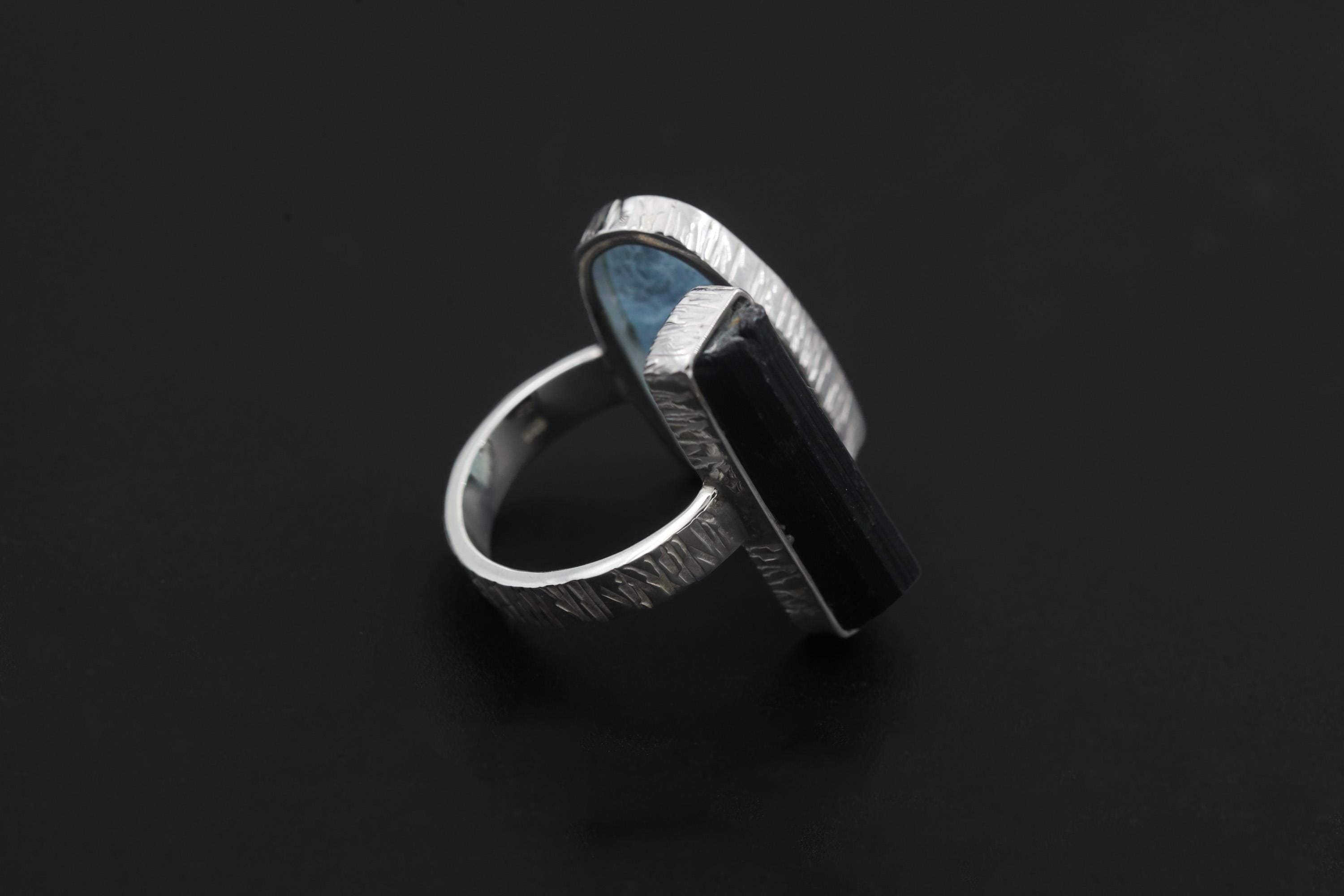 Aquamarine Black Tourmaline Ring 925 Sterling Silver Adjustable Band Throat Root Chakra Protection Gift