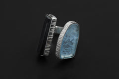 Aquamarine Black Tourmaline Ring 925 Sterling Silver Adjustable Band Throat Root Chakra Protection Gift