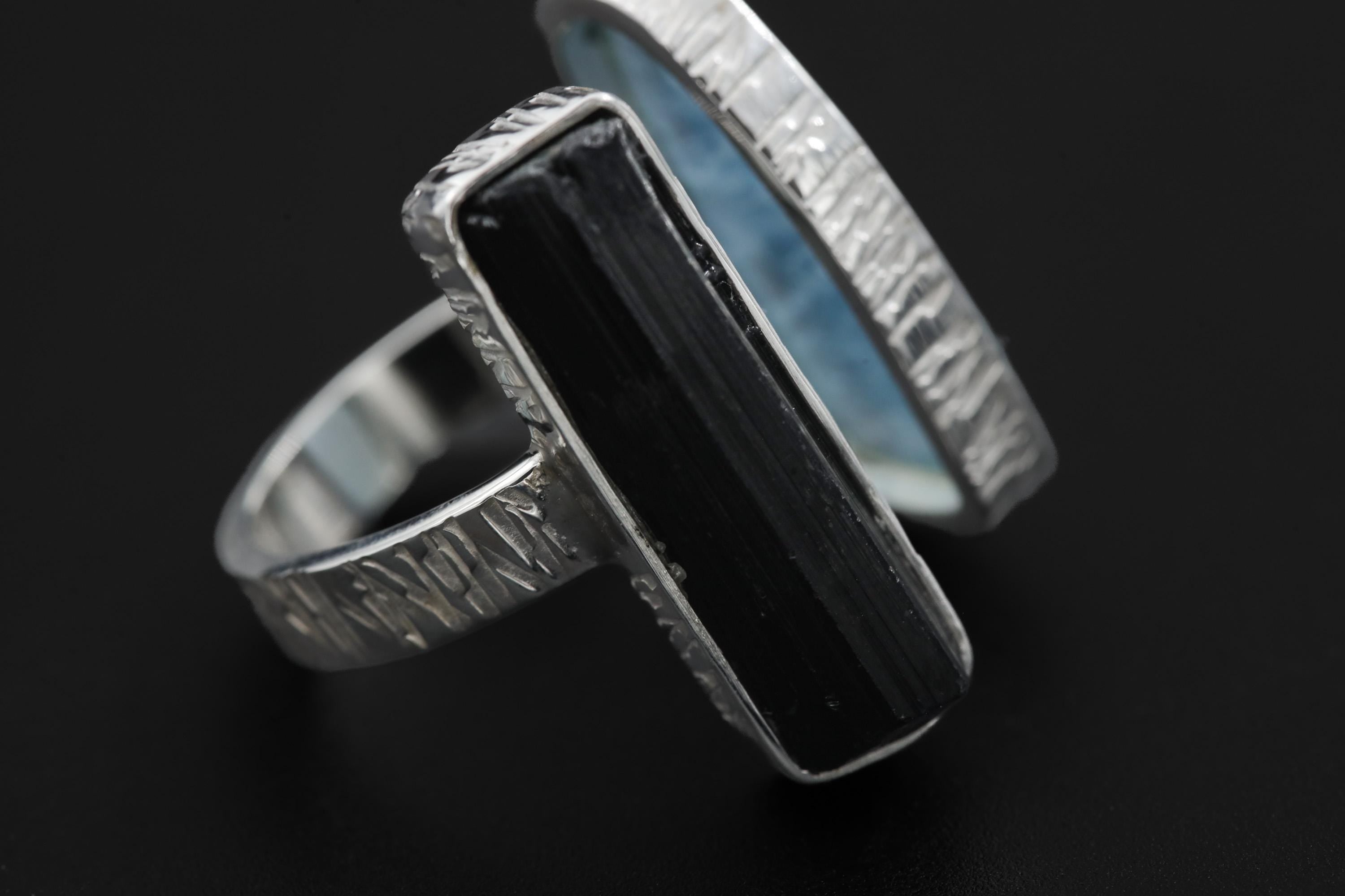 Aquamarine Black Tourmaline Ring 925 Sterling Silver Adjustable Band Throat Root Chakra Protection Gift