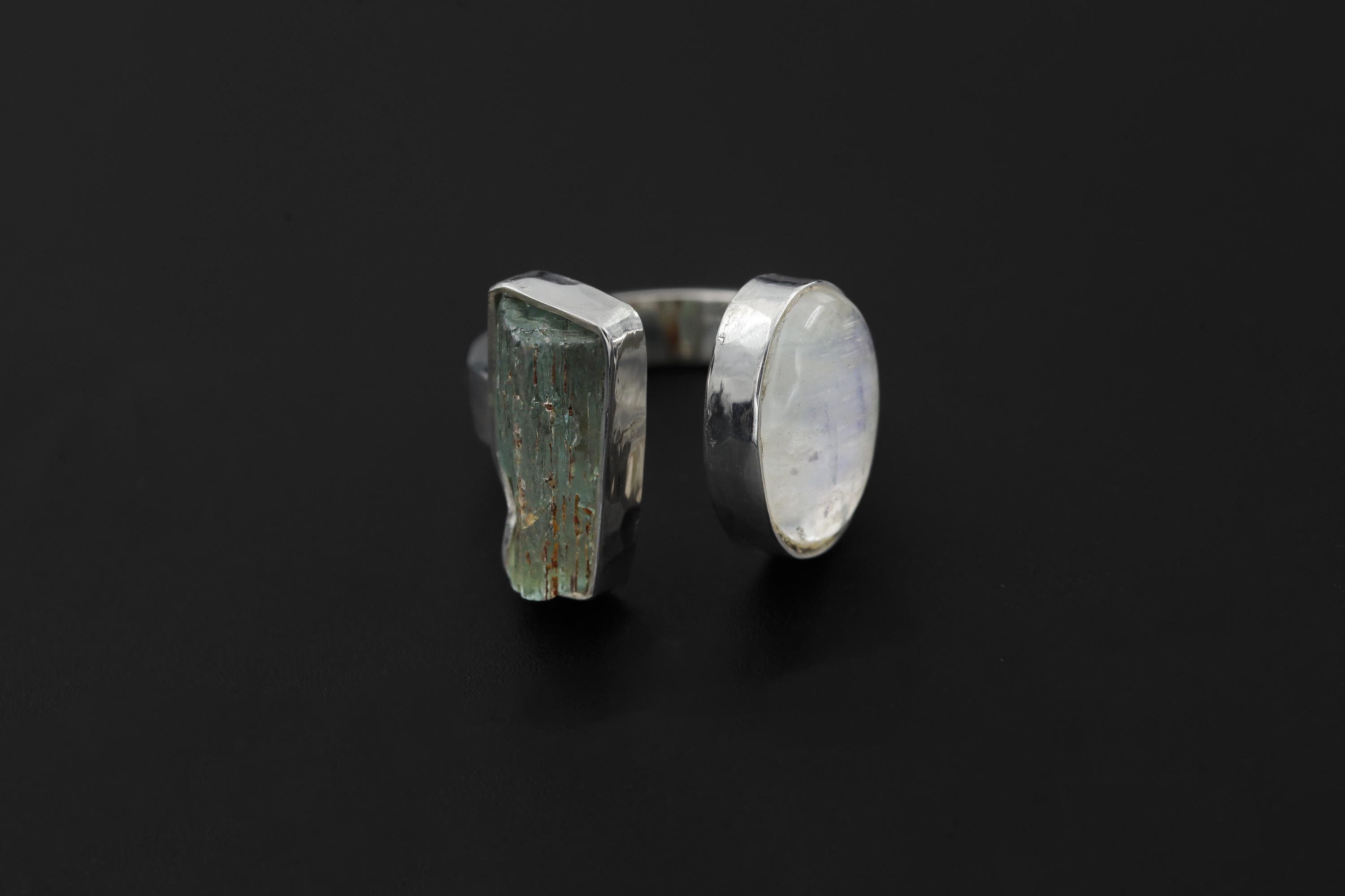 Raw Aquamarine Moonstone Ring, Hammered Sterling Silver Statement Jewelry