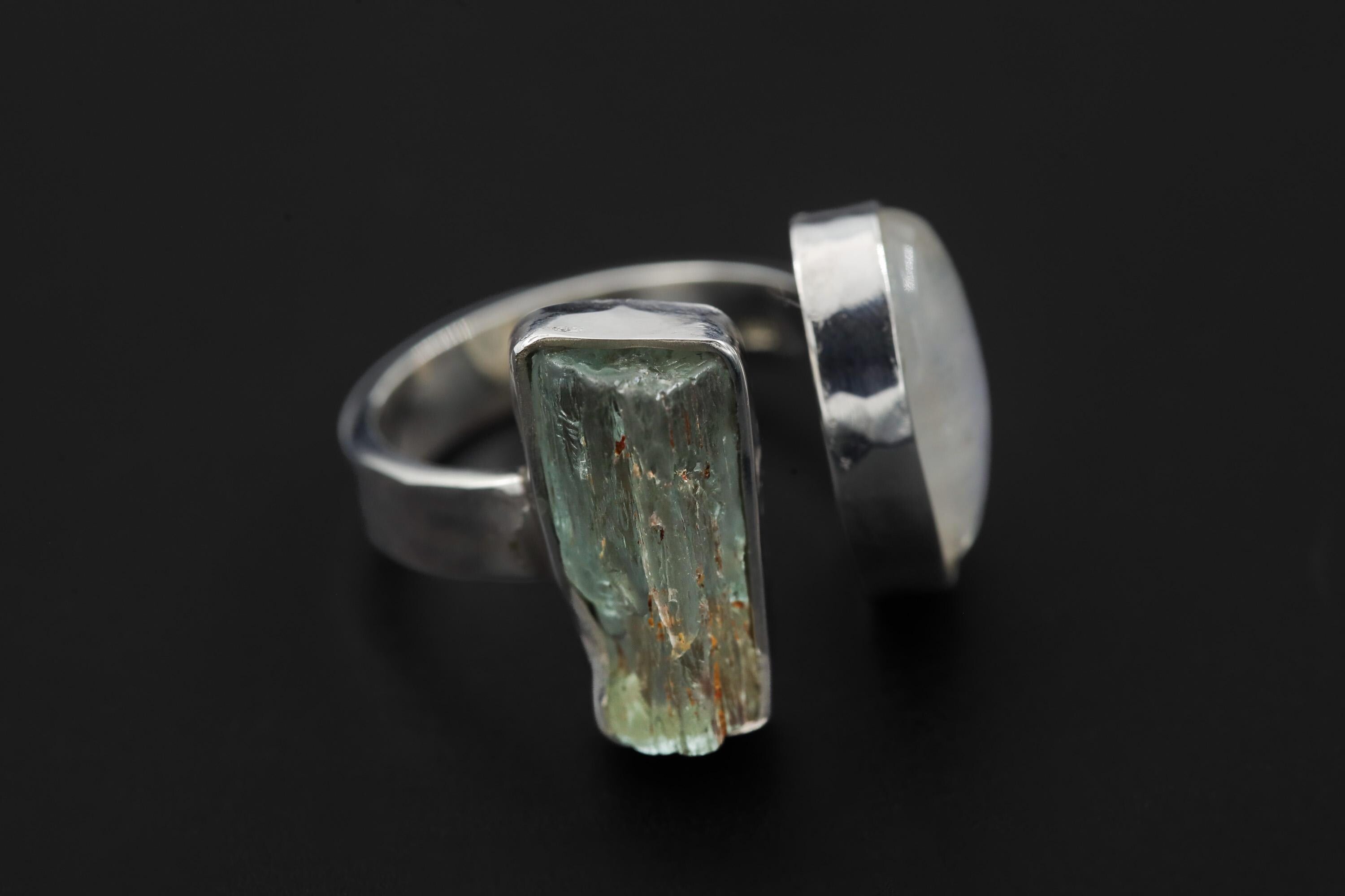 Raw Aquamarine Moonstone Ring, Hammered Sterling Silver Statement Jewelry