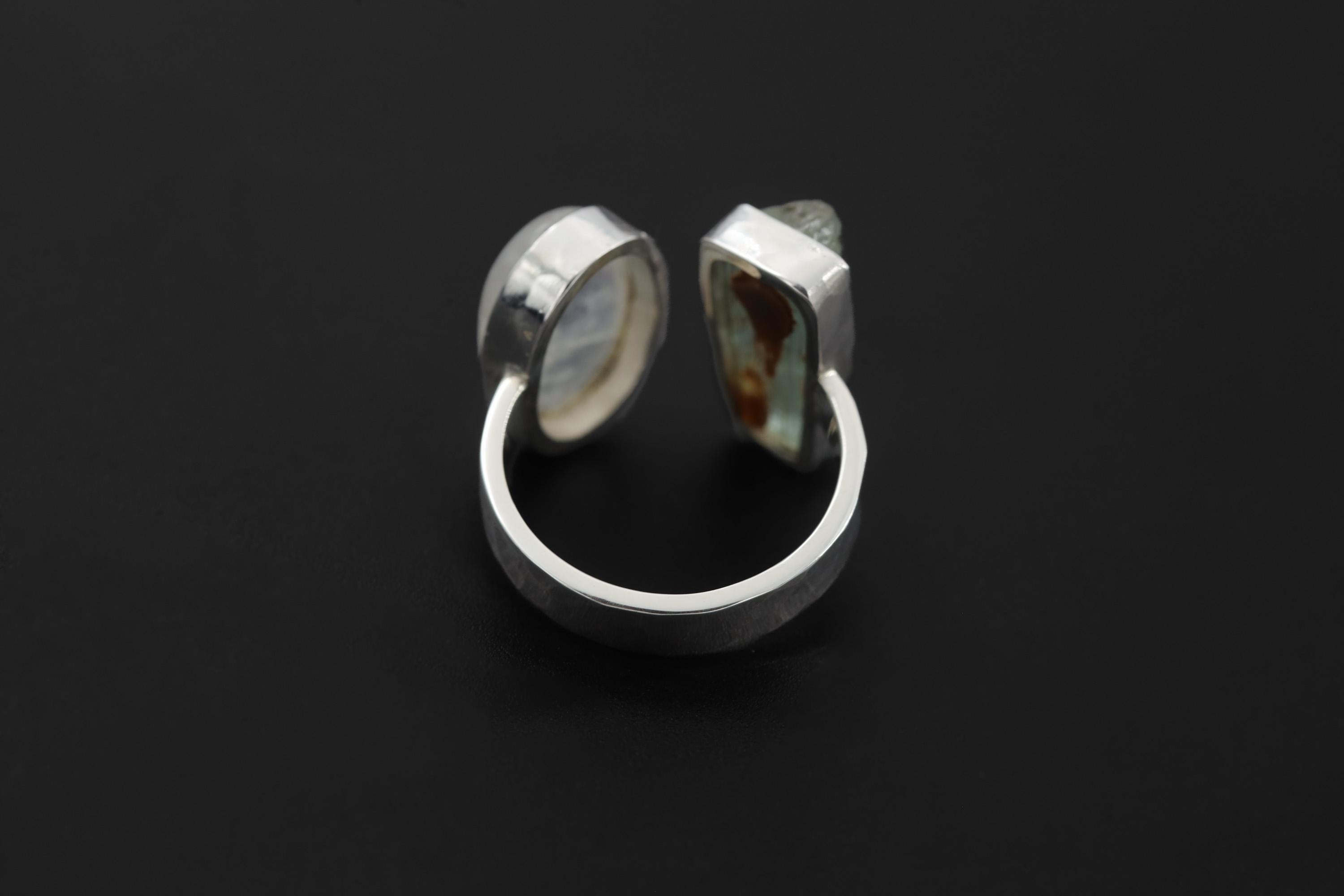 Raw Aquamarine Moonstone Ring, Hammered Sterling Silver Statement Jewelry
