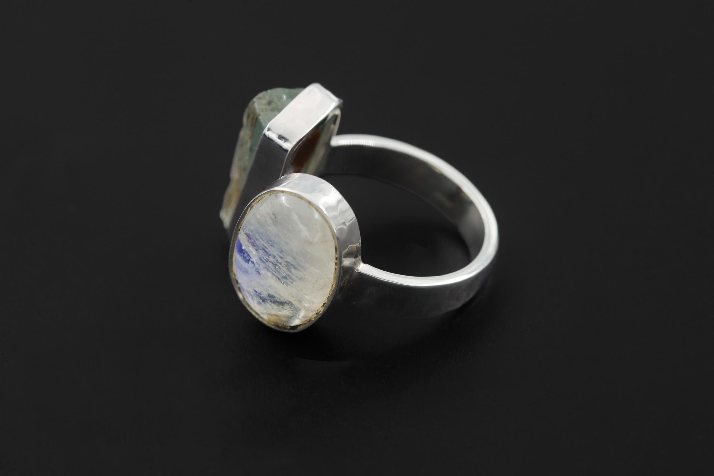 Raw Aquamarine Moonstone Ring, Hammered Sterling Silver Statement Jewelry