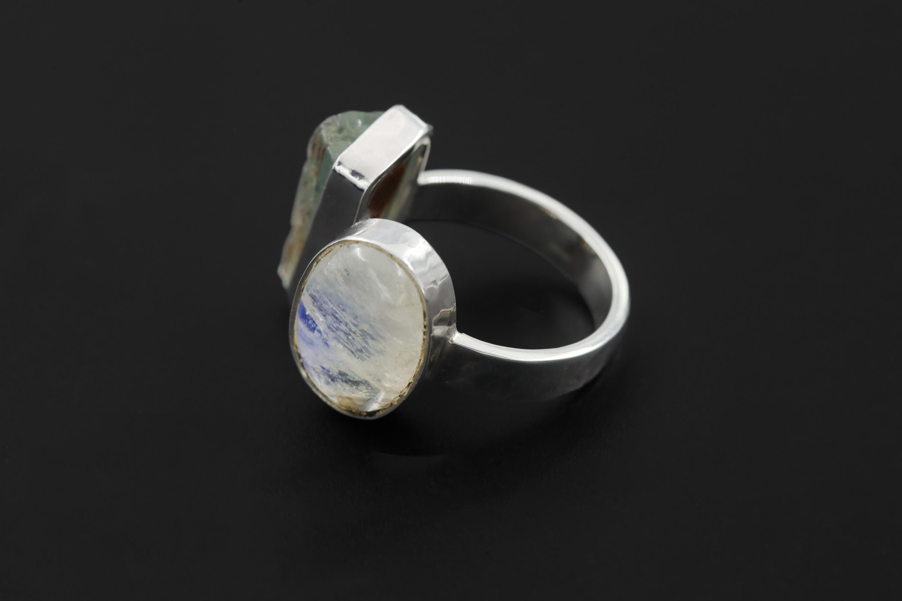 Raw Aquamarine Moonstone Ring, Hammered Sterling Silver Statement Jewelry