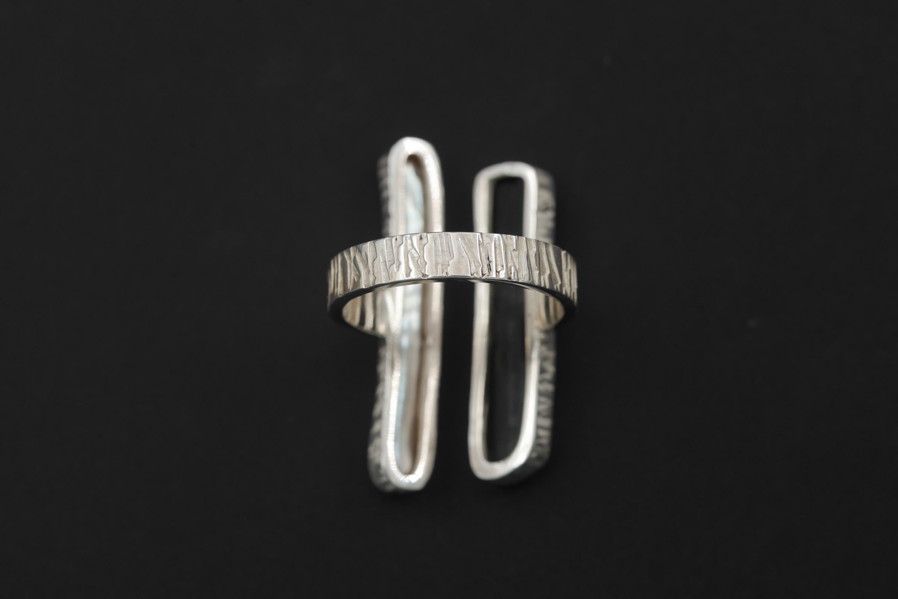 Pearl Black Tourmaline 925 Silver Ring, Adjustable Open Band