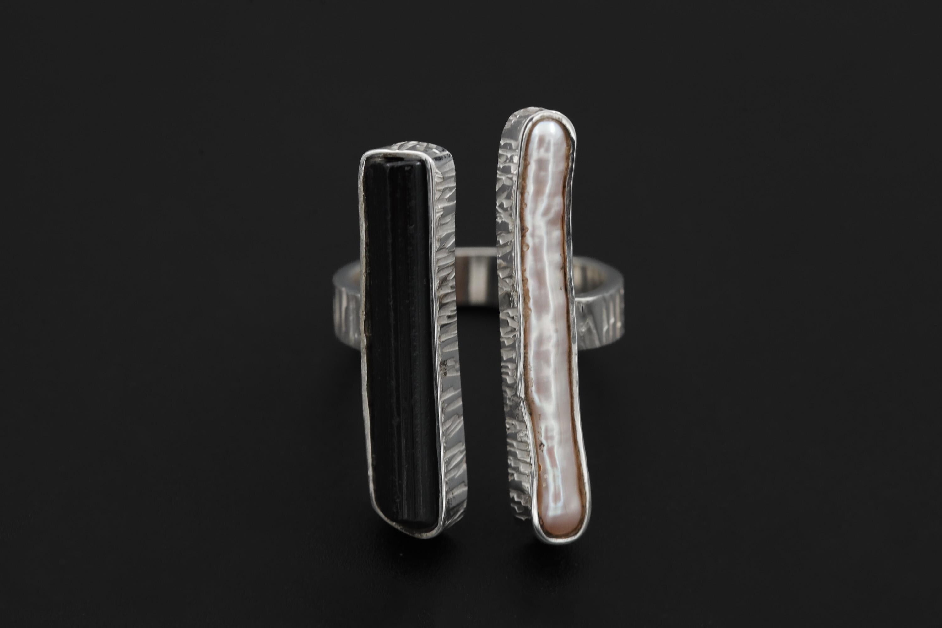 Pearl Black Tourmaline 925 Silver Ring, Adjustable Open Band