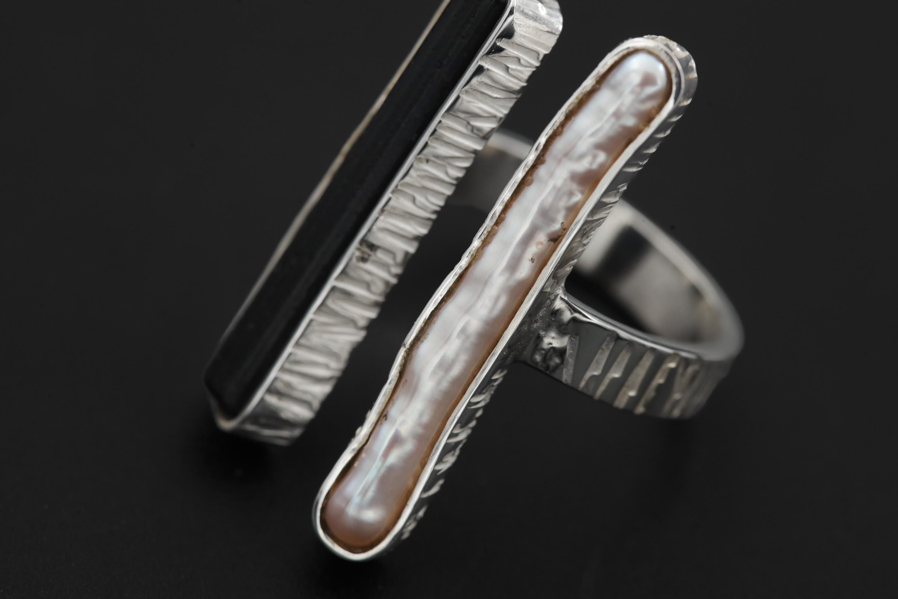 Pearl Black Tourmaline 925 Silver Ring, Adjustable Open Band