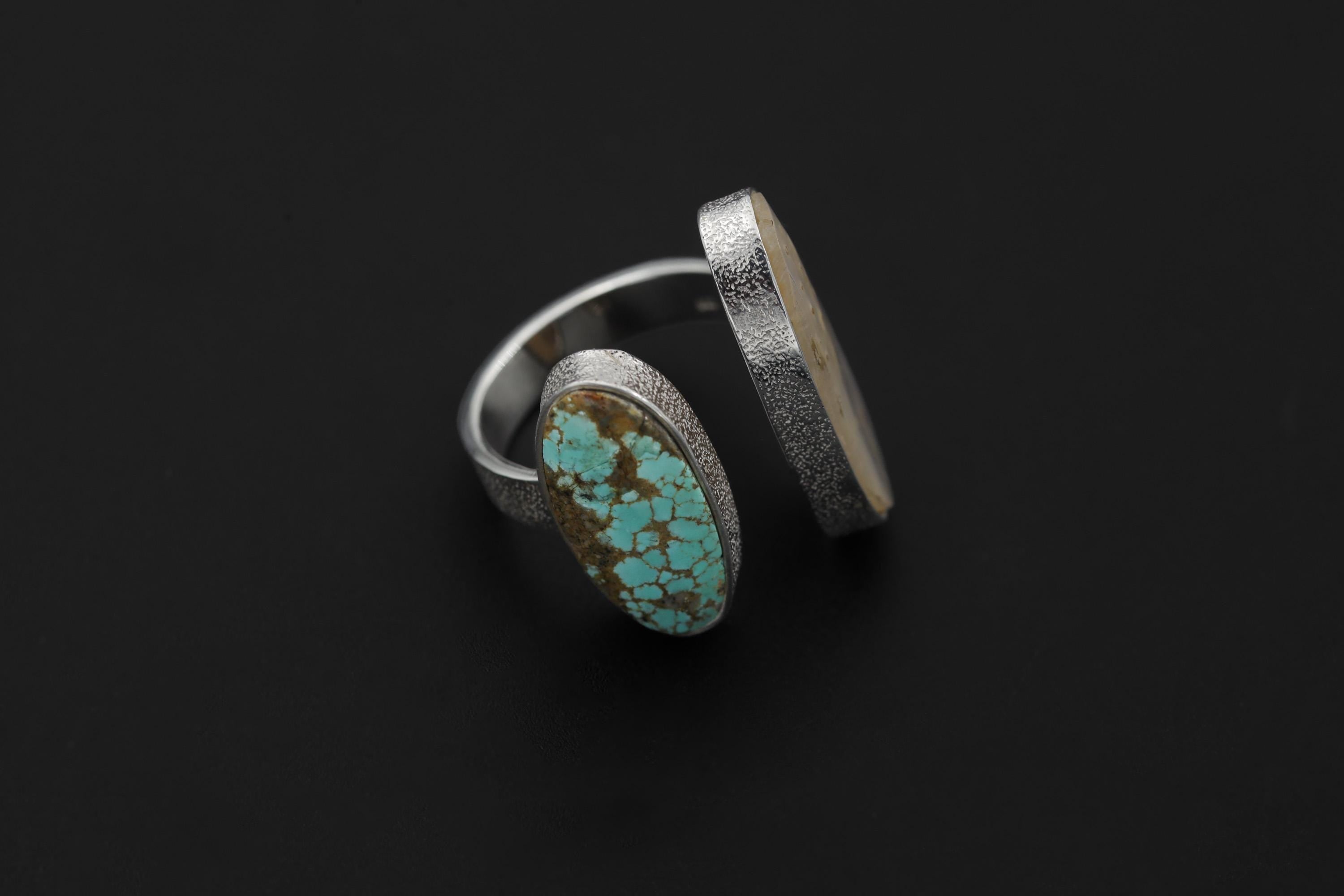 Mother of Pearl Turquoise Dual Stone Ring 925 Sterling Silver Adjustable Open Band Organic Texture Jewelry