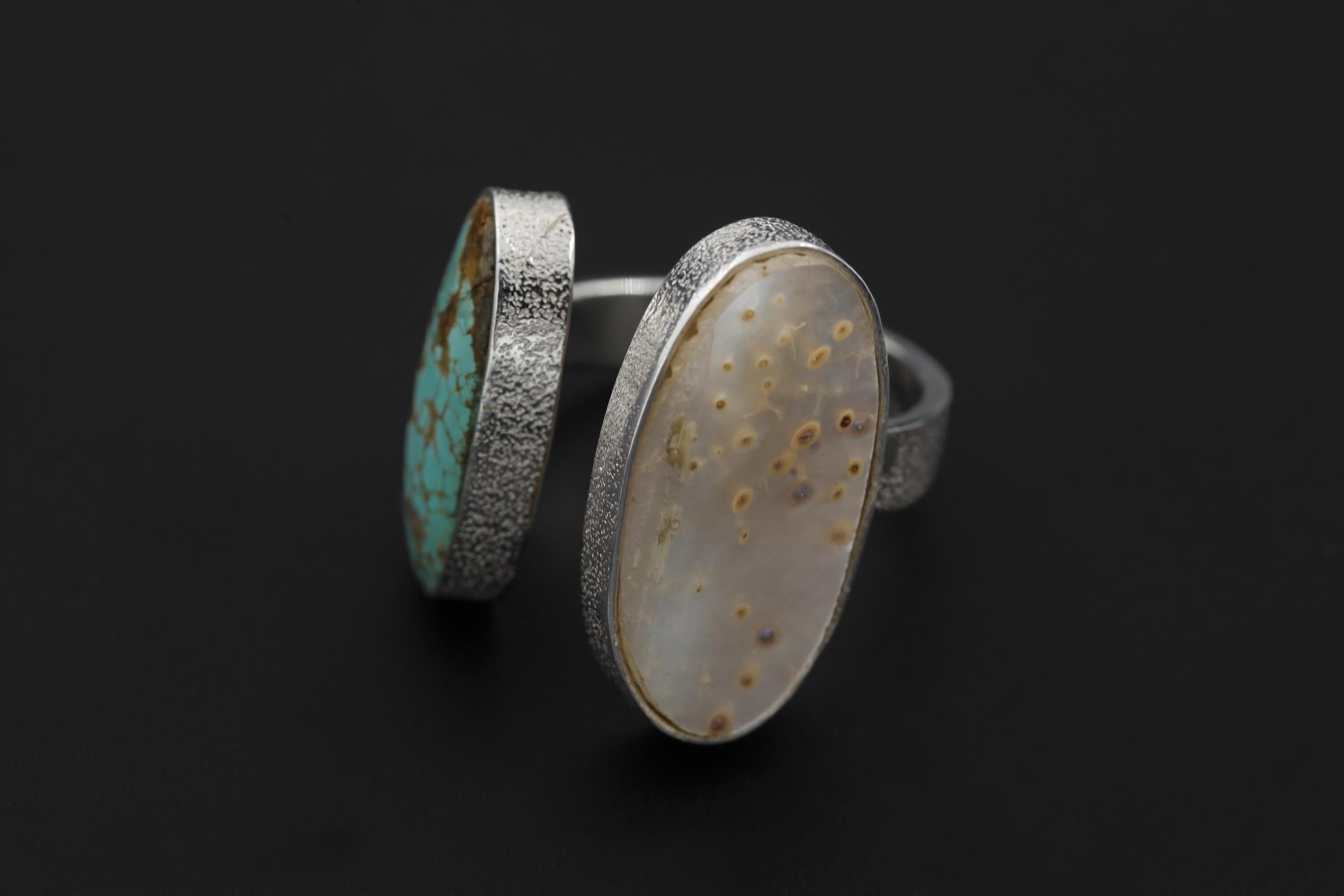 Mother of Pearl Turquoise Dual Stone Ring 925 Sterling Silver Adjustable Open Band Organic Texture Jewelry