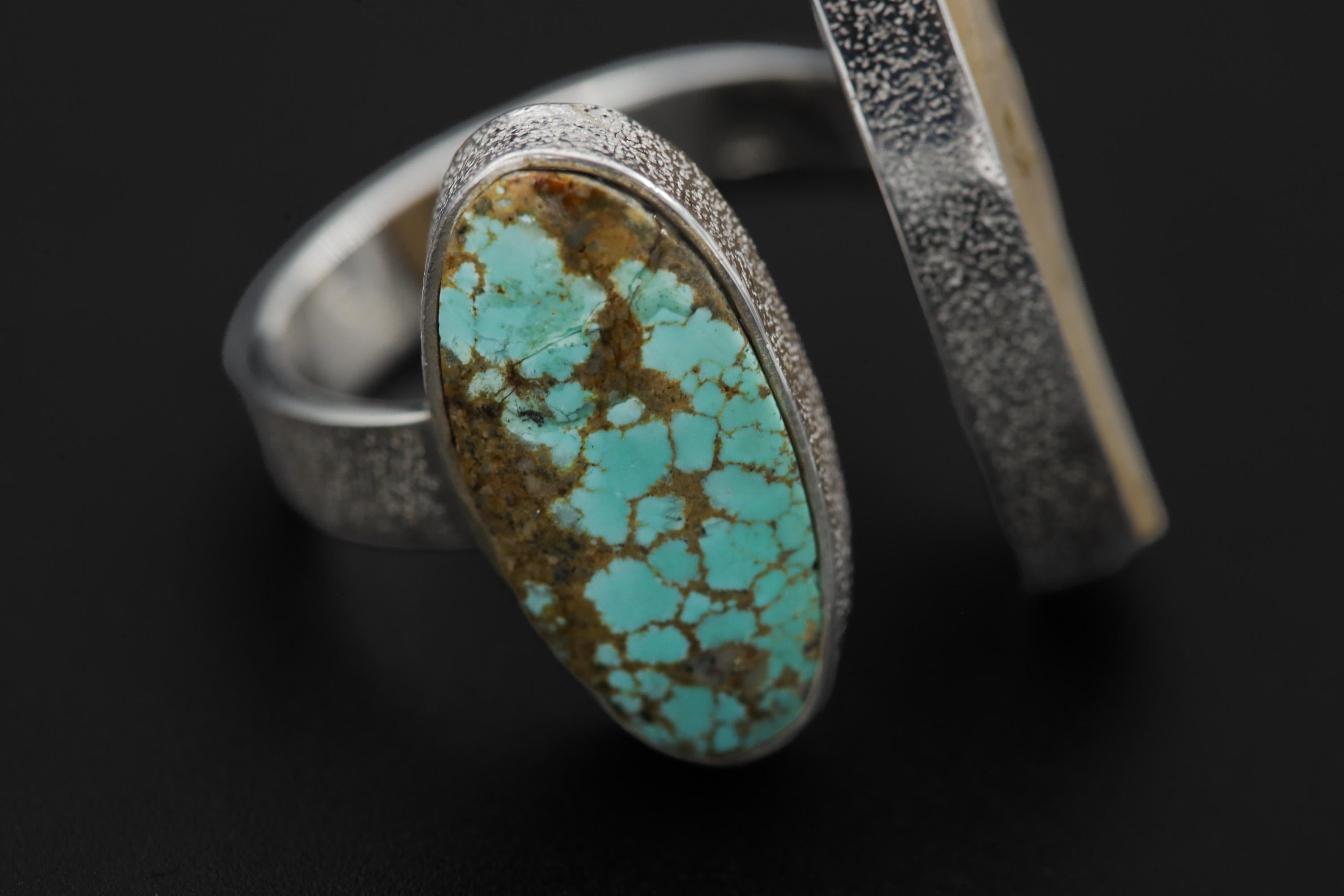 Mother of Pearl Turquoise Dual Stone Ring 925 Sterling Silver Adjustable Open Band Organic Texture Jewelry