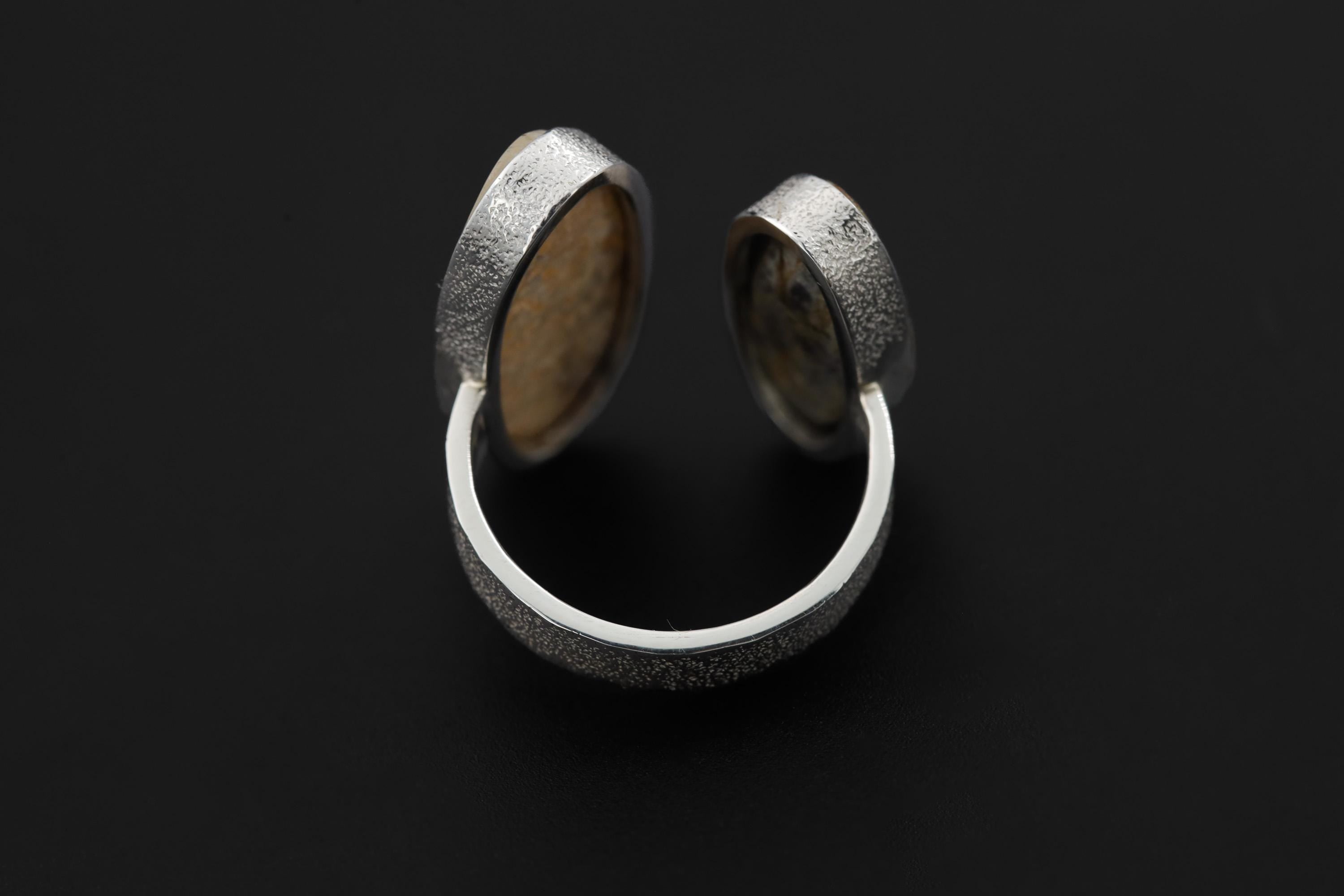 Mother of Pearl Turquoise Dual Stone Ring 925 Sterling Silver Adjustable Open Band Organic Texture Jewelry