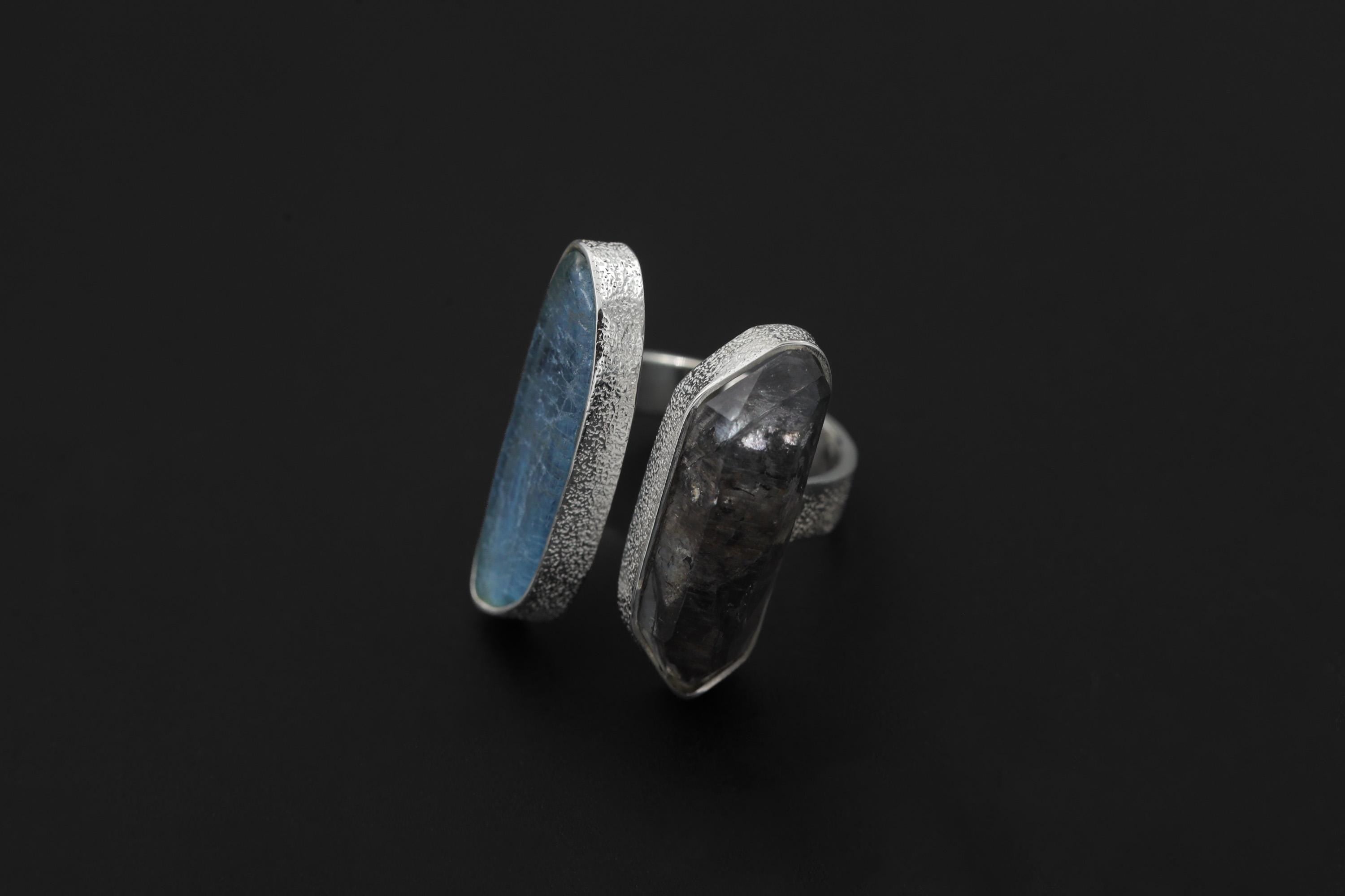 Smoky Quartz Aquamarine Ring, 925 Sterling Silver Adjustable Band