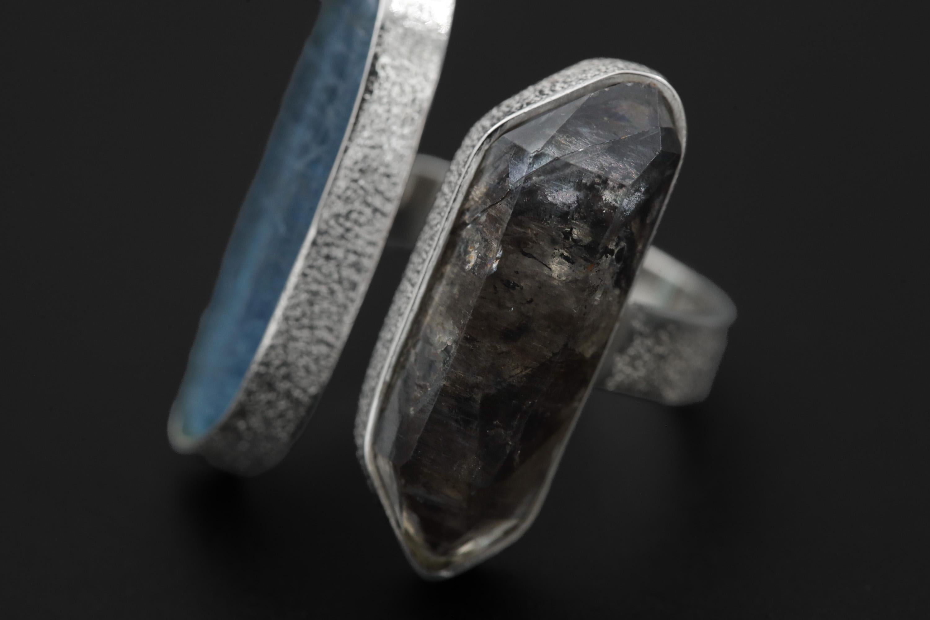 Smoky Quartz Aquamarine Ring, 925 Sterling Silver Adjustable Band